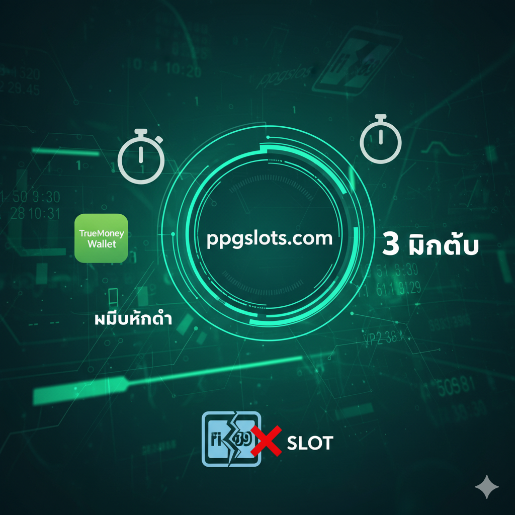 一张功能展示图,突出 ppgslots.com 优越的存取款系统。图片中央是 'ppgslots.com' 标志,周围環绕着 'TrueMoney Wallet' 图标、一个显示 '3 วินาที' (3秒) 的秒表图标,以及 'ไม่มีขั้นต่ำ' (无最低限额) 的符号。背景采用高科技感的金融仪表盘风格,使用绿色和蓝色调,傳达速度、安全และ便捷的感觉,与文章中暗示 'ric789' 可能存在的问题形成鮮明对比。