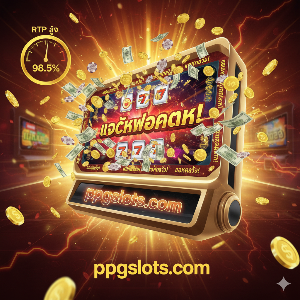 一张充滿動感的优势图，強調 'แตกง่าย' (容易赢) 和高RTP。画面主体是一个巨大的老虎机屏幕，显示 'BIG WIN' 或 'แจ็คพอตแตก!' (头奖爆了) 的字样，金币从屏幕中喷涌而出。ppgslots.com 的标志清晰可见。角落处有一个 'RTP สูง' (高RTP) 的仪表盘或标签，指向一个很高的百分比（如98%+）。色调以金色、红色和橙色为主，营造兴奋和盈利的氛围。
