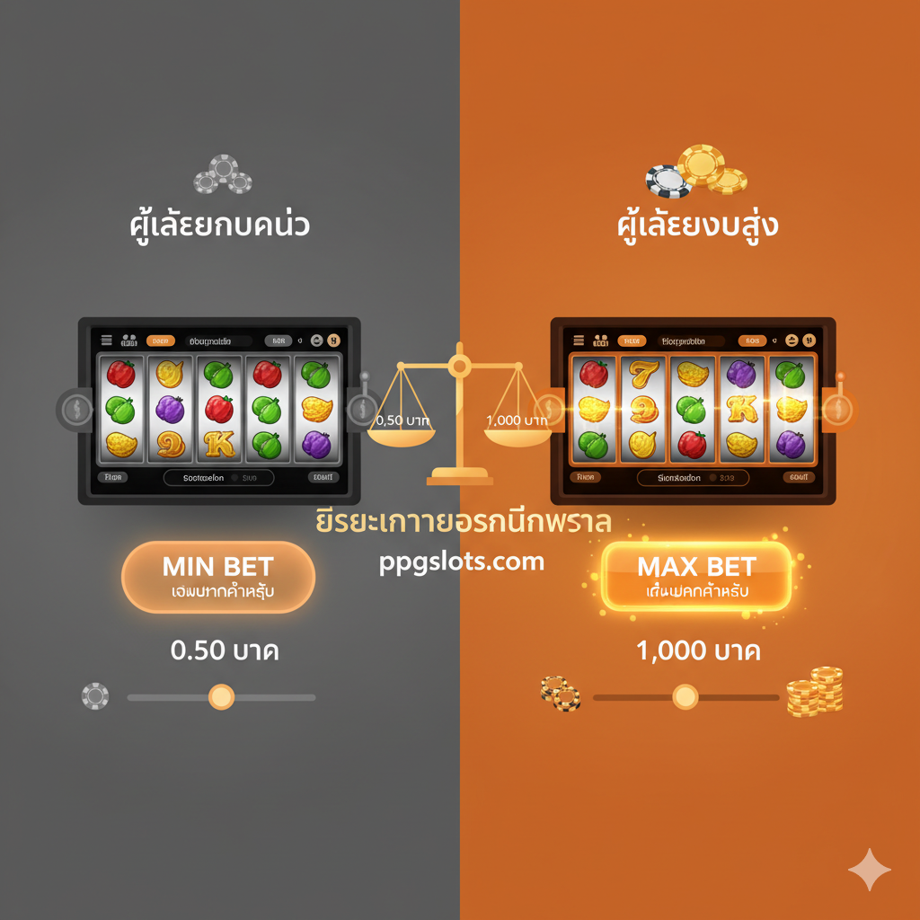 ภาพประกอบเกี่ยวกับการตั้งค่า 'ราคาเดิมพัน' ขั้นต่ำและสูงสุดในส่วนที่ 3 สไตล์ภาพควรเป็นการจำลองหน้าจอการเล่นเกมสล็อตออนไลน์ที่มีการควบคุมการเดิมพันอย่างชัดเจน เน้นที่ปุ่มกด 'MIN BET' และ 'MAX BET' โดยมีตัวเลข '0.50 บาท' และ '1,000 บาท' แสดงอยู่ เพื่อแสดงความยืดหยุ่นของการเล่น ภาพแบ่งออกเป็นสองส่วนอย่างชัดเจน: ด้านหนึ่งเป็นเหรียญเล็กๆ (Low Roller) อีกด้านเป็นชิปคาสิโนขนาดใหญ่ (High Roller) ใช้สีส้มและสีเทาเพื่อเน้นความแตกต่างของงบประมาณ องค์ประกอบต้องสื่อถึง 'อิสระในการกำหนดราคา' การเล่น