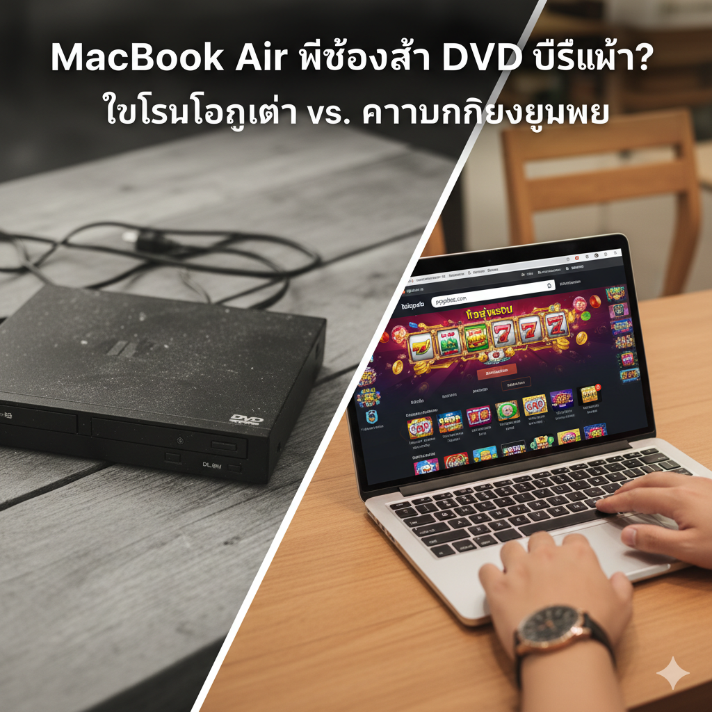 A lifestyle split-screen composition. On the left, a dusty, disconnected external DVD drive sits on a wooden table, representing outdated technology. On the right, a user's hand is seen using the trackpad of a MacBook Air, navigating the Safari browser. The screen shows the ppgslots.com login page with high-definition graphics. The lighting is warm and inviting, highlighting the ease of streaming and playing online slots compared to setting up cumbersome hardware.