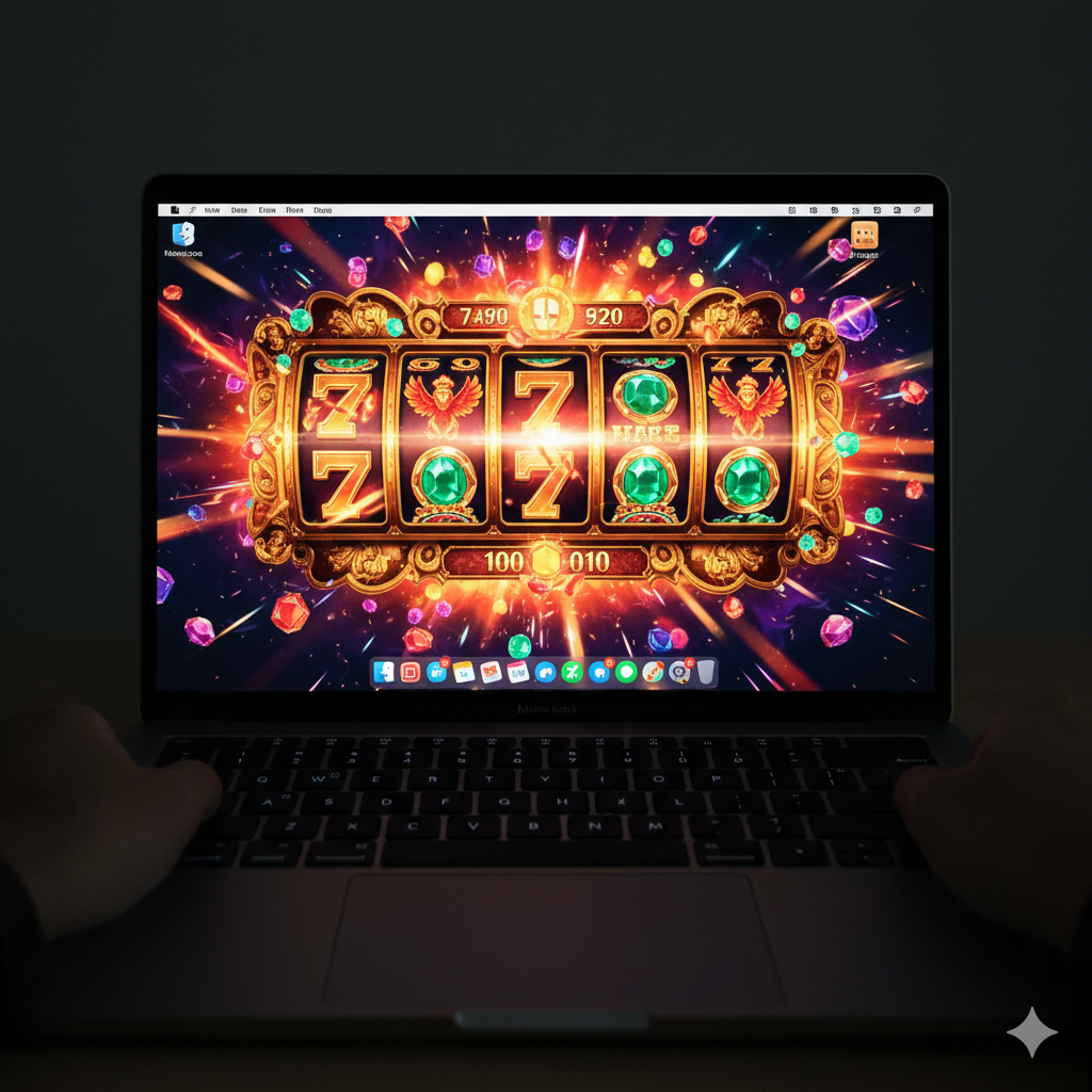 A point-of-view (POV) shot looking directly at a MacBook Air's Liquid Retina display in a dark room. The screen is exploding with color, displaying a high-resolution 3D slot game like 'Treasures of Aztec' or 'Fortune Mouse'. The pixels are sharp, and the colors (gold, red, emerald green) are incredibly vivid, showcasing the advantage of the M-series chip's GPU performance. Digital sparkles and motion blur effects emphasize the smooth frame rate and immersive gaming experience.