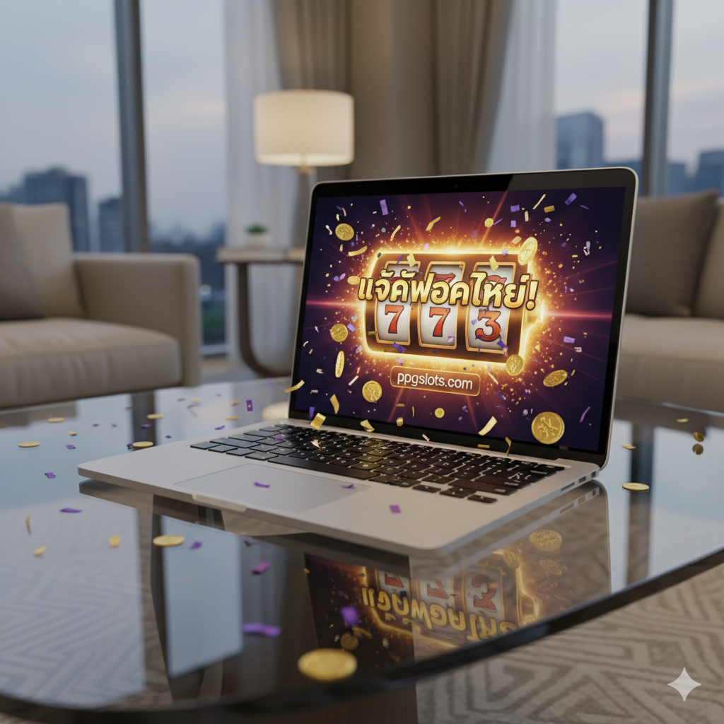 A celebratory conceptual image. A MacBook Air sits open on a modern, glass coffee table. The screen displays a massive 'JACKPOT' or 'BIG WIN' notification from ppgslots. Virtual 3D gold coins and confetti are rendered as if they are spilling out of the screen onto the keyboard and table. The background is a blurred luxury lounge environment. The image conveys the message that the 'missing slot' on the laptop has been replaced by a 'winning slot' online.