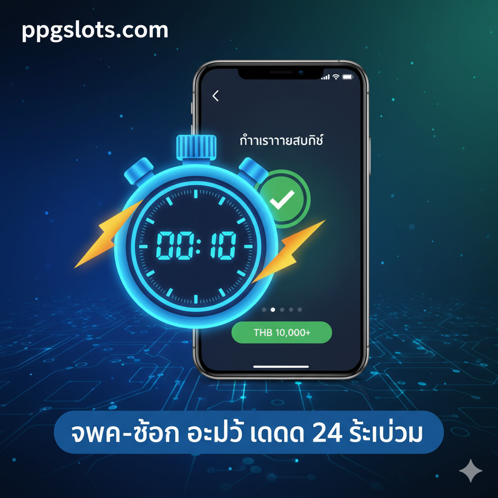 ภาพเน้นคุณสมบัติเด่นของระบบฝาก-ถอนออโต้ 24 ชั่วโมง องค์ประกอบหลักคือไอคอนหรือภาพวาดที่เกี่ยวข้องกับความรวดเร็ว เช่น นาฬิกาจับเวลาดิจิทัลที่แสดง 10 วินาที หรือสายฟ้าแลบ ผสมผสานกับรูปภาพมือถือที่แสดงหน้าจอการทำธุรกรรมสำเร็จ (Transaction Successful) บนพื้นหลังสีน้ำเงิน/เขียวที่สื่อถึงความเสถียรและความน่าเชื่อถือ ภาพรวมควรดูสะอาดตา ทันสมัย และเน้นความสะดวกสบายของการทำธุรกรรมทางการเงินแบบไม่มีสะดุด