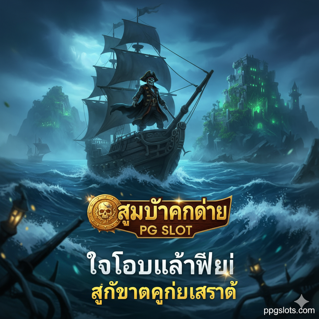 ภาพหน้าปกเกม Dead Man's Riches PG Slot ที่น่าตื่นเต้นและลึกลับ เน้นบรรยากาศมืดมัวของทะเลและเรือโจรสลัดผีในเวลากลางคืน โทนสีหลักคือสีน้ำเงินเข้ม สีเขียวมรกต และแสงสีทองจากสมบัติ มีตัวละครกัปตันโจรสลัดโครงกระดูกยืนเด่นเป็นสง่าอยู่หน้าเรือผีขนาดใหญ่ที่กำลังแล่นอยู่ท่ามกลางหมอกและคลื่นยักษ์ ด้านล่างของภาพมีโลโก้เกมและข้อความภาษาไทย 'ทดลองเล่นฟรี สูตรแตกง่ายล่าสุด' ที่มีประกายแสงวาววับเพื่อดึงดูดสายตา