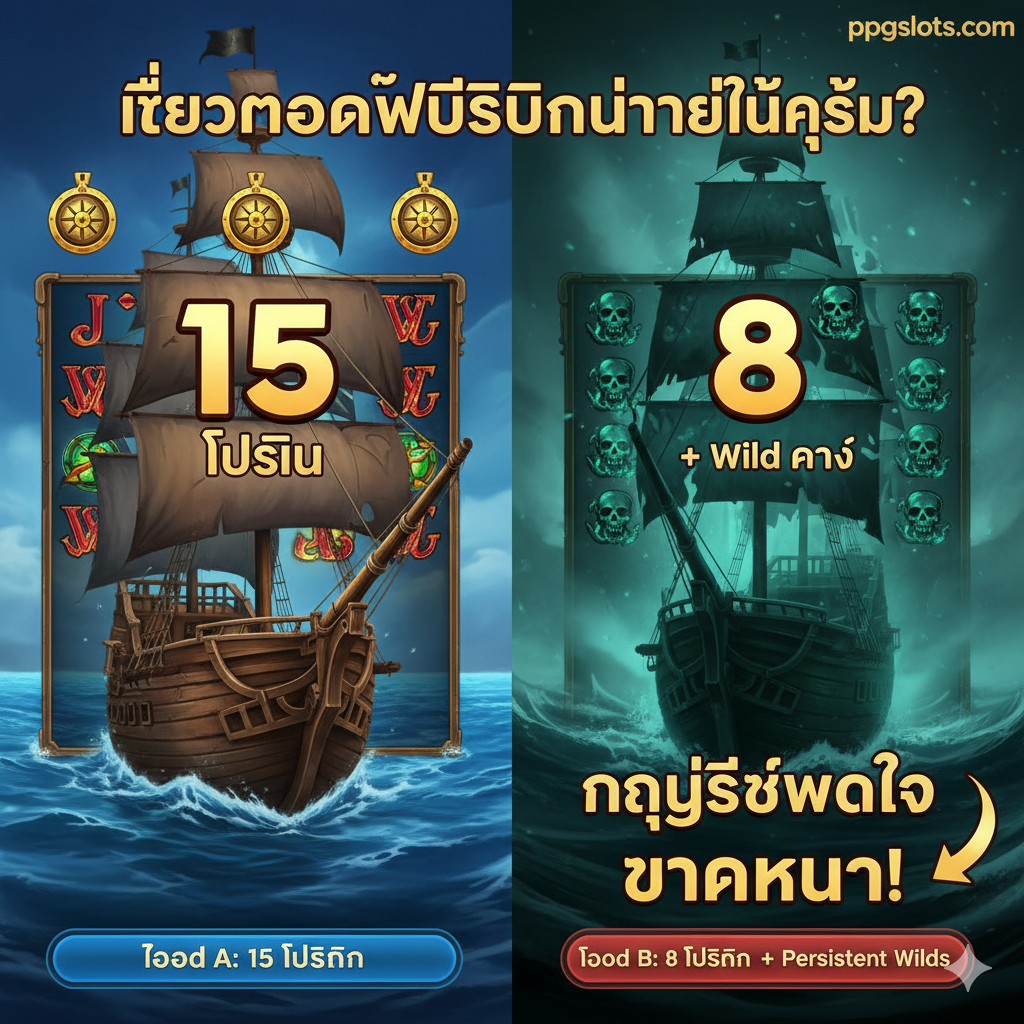 ภาพเชิงแนะนำการเลือกโหมด Free Spins โดยแบ่งภาพเป็นสองส่วนอย่างชัดเจน: ซ้ายและขวา เพื่อเปรียบเทียบ 'โหมด A: 15 ฟรีสปิน' กับ 'โหมด B: 8 ฟรีสปิน + Persistent Wilds' ส่วนซ้ายใช้ภาพเรือโจรสลัดธรรมดาที่มี Scatter 3 อัน และตัวเลข 15 ส่วนขวาใช้ภาพเรือโจรสลัดผีที่มืดมัวกว่าและมี Wilds ค้างมากมาย พร้อมตัวเลข 8 และคำว่า 'แตกหนัก!' เน้นข้อความภาษาไทยที่ระบุถึง 'กลยุทธ์วัดใจ' หรือ 'Wild ค้าง' เพื่อสอนผู้เล่นให้เลือกโหมด B เพื่อโอกาสแตกหนักสูงสุด