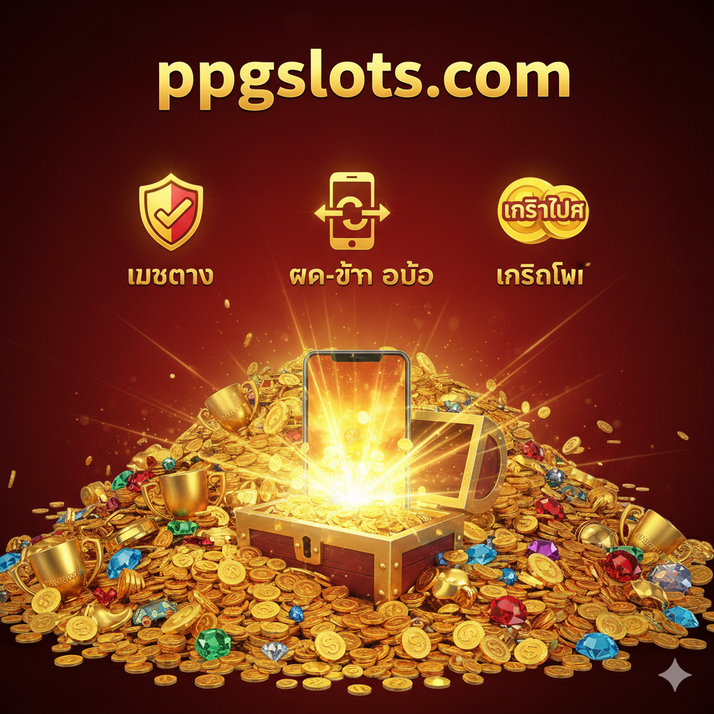 ภาพแสดงความน่าเชื่อถือและข้อดีของการเล่นที่ ppgslots.com โดยมีไอคอนหรือองค์ประกอบที่สื่อถึง 'เว็บตรง' 'ฝาก-ถอน ออโต้' และ 'เครดิตฟรี' อยู่ในเฟรมเดียวกัน ด้านบนมีโลโก้ ppgslots.com ขนาดใหญ่และชัดเจน องค์ประกอบภาพพื้นหลังเป็นสมบัติกองโต หรือฉากการเงินที่รวดเร็ว (เช่น แสงสว่างที่พุ่งออกมาจากหน้าจอโทรศัพท์) โทนสีสว่างและน่าเชื่อถือ เน้นสีแดงและสีทองเพื่อสื่อถึงความมั่งคั่งและโปรโมชั่นพิเศษที่เว็บไซต์นำเสนอ