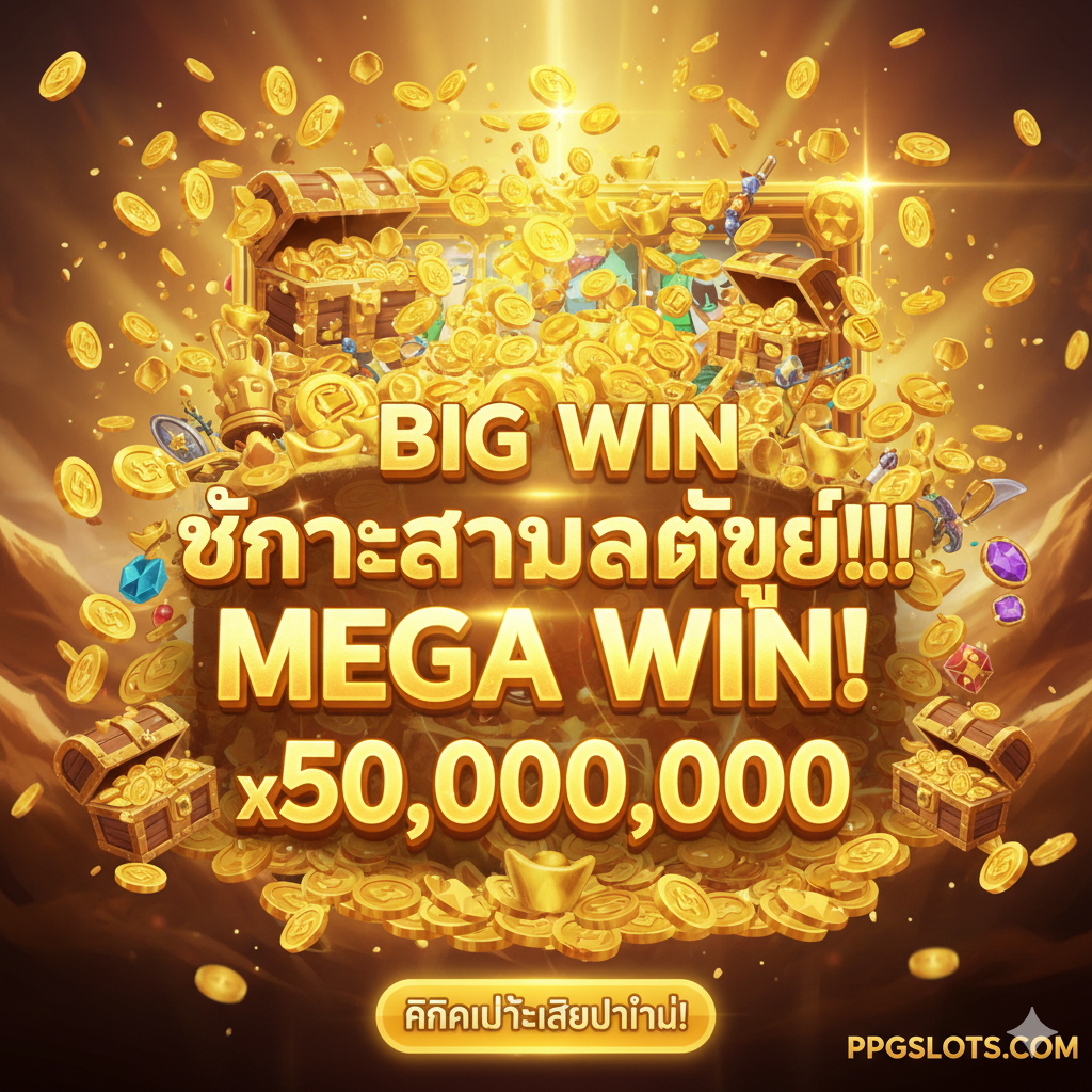 ภาพสรุปและปิดท้ายที่ทรงพลัง แสดงถึงผลตอบแทนสูงสุดของเกม เน้นภาพ 'Big Win' หรือ 'Mega Win' ที่มีตัวเลขรางวัลมหาศาล (เช่น x50,000 หรือจำนวนเงินที่เป็นตัวเลขที่น่าดึงดูด) ปรากฏอยู่กลางหน้าจอ ด้านหลังเป็นกองสมบัติ หีบทองคำ และเหรียญทองมากมายที่กำลังทะลักออกมาจากวงล้อสล็อต ใช้โทนสีทองและแสงสว่างจ้าเพื่อสื่อถึงความสำเร็จและชัยชนะในการเล่นเกมสล็อตนี้ พร้อมคำกระตุ้นเตือนให้ 'คลิกเพื่อเล่นทันที' อยู่ด้านล่างอย่างชัดเจน