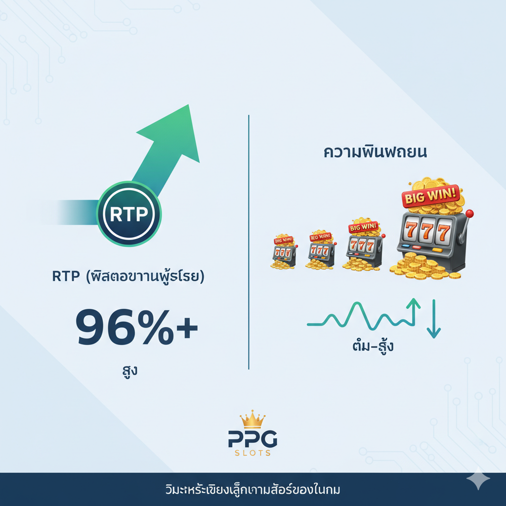 ภาพที่ใช้ประกอบส่วนการวิเคราะห์เชิงลึก (RTP และ Volatility) แสดงกราฟิกแบบอินโฟกราฟิกที่ดูสะอาดตาและเป็นมืออาชีพ มีสองส่วนหลัก ส่วนแรกแสดงสัญลักษณ์ 'RTP' พร้อมตัวเลขเปอร์เซ็นต์สูง (เช่น 96%+) และลูกศรชี้ขึ้น ส่วนที่สองแสดงสัญลักษณ์ 'Volatility' โดยใช้ภาพของตู้สล็อตที่มีขนาดรางวัลเล็กสลับกับตู้ที่มีรางวัลใหญ่ (Big Win) เพื่อสื่อถึงความผันผวนของเกม ใช้โทนสีฟ้าและเขียวเพื่อสื่อถึงความน่าเชื่อถือ