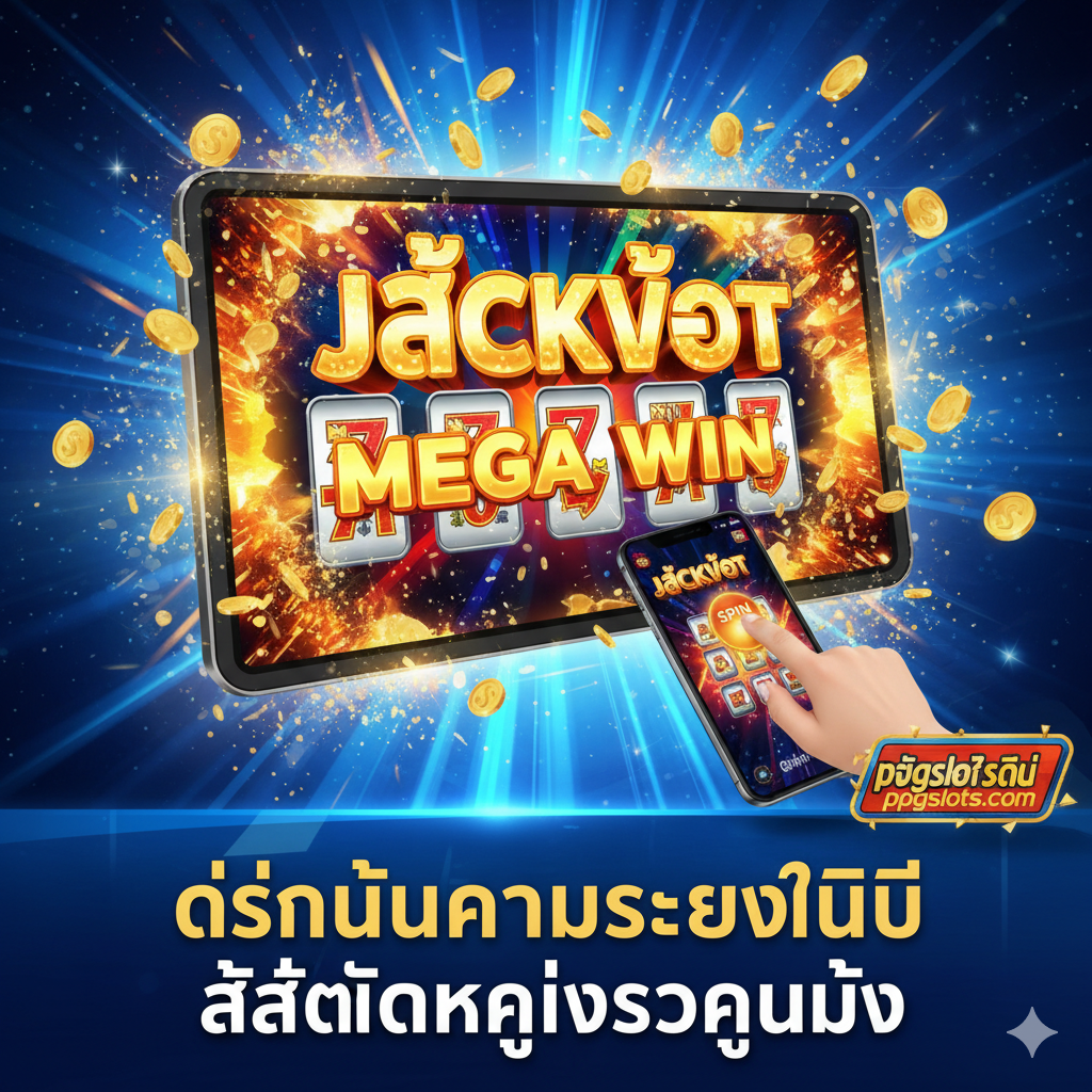 ภาพสรุปที่เป็นแรงบันดาลใจและกระตุ้นการตัดสินใจ ภาพควรแสดงหน้าจอขนาดใหญ่ของตู้สล็อตที่กำลังแสดงผล 'JACKPOT' หรือ 'MEGA WIN' ด้วยแสงไฟที่กระพริบอย่างตื่นตาตื่นใจ พร้อมมีมือที่กำลังกดปุ่ม 'Spin' บนหน้าจอมือถือ และมีข้อความสรุปเป็นภาษาไทยสั้นๆ เช่น 'เริ่มต้นความรวยวันนี้' หรือ 'สล็อตแตกง่ายรอคุณอยู่' ใช้โทนสีที่สว่างและมีพลังเพื่อส่งเสริมการกระทำ (Call to Action)