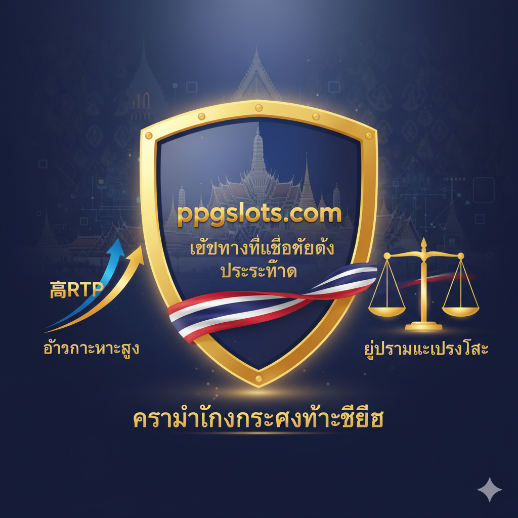 ภาพแสดงความน่าเชื่อถือของ ppgslots.com ในฐานะ Server Thailand ด้วยโลโก้ที่แข็งแกร่งและสัญลักษณ์ของความยุติธรรม อัตรา RTP ที่สูง และความมั่นคง