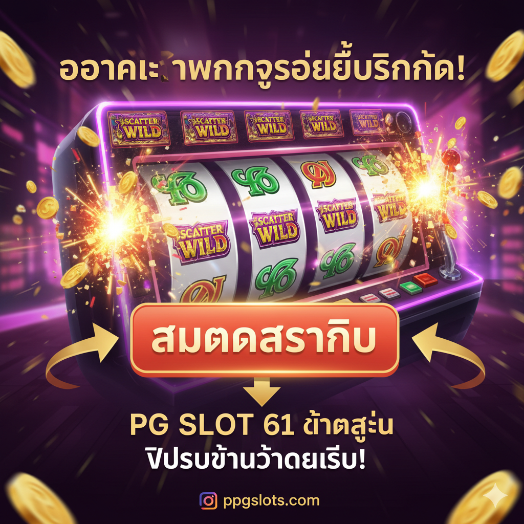 ภาพสรุปที่กระตุ้นให้เกิดการสมัครสมาชิกและเริ่มต้นเล่น PG SLOT 61 ทันที องค์ประกอบหลักคือปุ่ม 'สมัครสมาชิก' หรือ 'Sign Up' ขนาดใหญ่ที่มีสีสันโดดเด่น (เช่น สีแดง/ส้ม) อยู่ตรงกลางภาพ ด้านหลังมีภาพสล็อตแมชชีนที่กำลังหมุนด้วยความเร็วสูงหรือกำลังจะ 'แตก' พร้อมวลีภาษาไทยที่ดึงดูดใจ เช่น 'โอกาสทำเงินของคุณอยู่ตรงหน้า!' หรือ 'PG SLOT 61 แตกง่าย พิสูจน์ด้วยตัวคุณเอง!' ควรมีลูกศรชี้ลงไปที่ปุ่มสมัครเพื่อนำทางสายตาผู้ใช้ไปยังการกระทำสุดท้าย