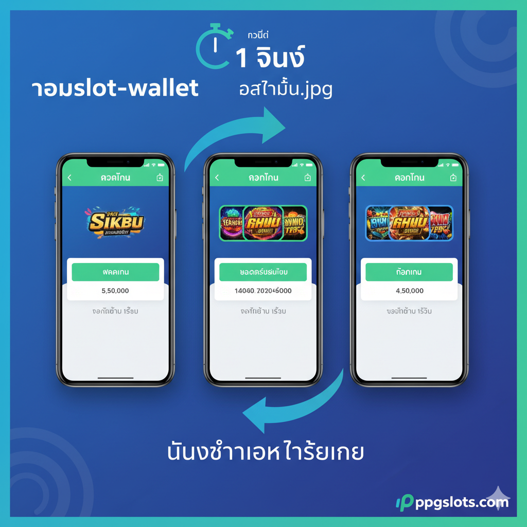 ภาพเน้นคุณสมบัติเด่นของระบบ Wallet Single Balance และความเร็ว 1 วินาที โทนสีเป็นสีฟ้าและเขียว (Blue & Green) สื่อถึงความรวดเร็วและความเสถียร ภาพควรแสดงหน้าจอสมาร์ทโฟน 3 เครื่องที่กำลังแสดงการทำธุรกรรม (Deposit/Withdraw) โดยมีลูกศรโค้งวนขนาดใหญ่เชื่อมต่อกันเป็นวงกลม ซึ่งสื่อถึง 'Single Balance' ที่ไม่ต้องโยกเงิน และมีนาฬิกาจับเวลาดิจิทัลขนาดใหญ่แสดงเลข '1 วินาที' (1 Second) แปะทับอยู่ด้านบน เน้นความเป็นระบบ 'Auto' ที่สมบูรณ์แบบของ ppgslots.com