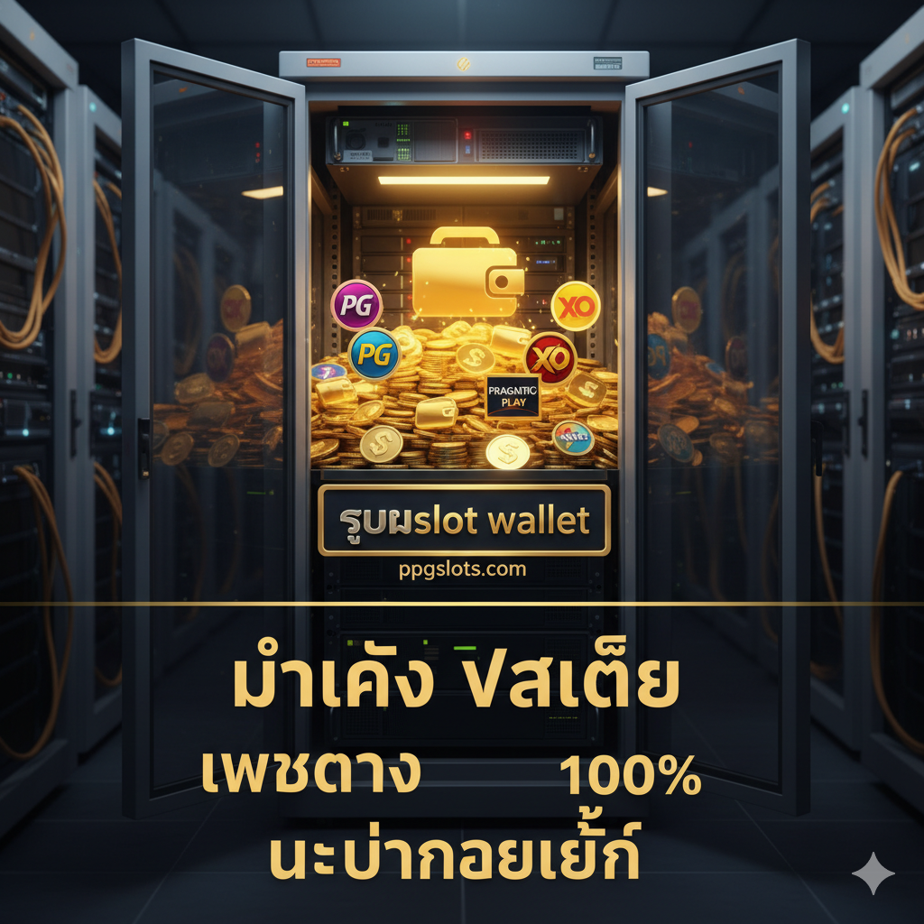 ภาพเน้นย้ำข้อได้เปรียบของการเป็น 'เว็บตรงไม่ผ่านเอเย่นต์' ที่มั่นคงทางการเงินและมีค่ายเกมครบวงจร ใช้ภาพเป็นฉากหลังของเซิร์ฟเวอร์ขนาดใหญ่หรือตู้นิรภัยที่ถูกเปิดออก เผยให้เห็นกองเหรียญทองและสัญลักษณ์เงินวอเลท (Wallet Money Symbol) จำนวนมาก โทนสีเงินและทองสื่อถึงความมั่นคง มีไอคอนค่ายเกมชั้นนำ (PG, XO, Pragmatic Play) แปะอยู่บนเหรียญทองเหล่านั้น พร้อมข้อความ 'มั่นคง ปลอดภัย เว็บตรง 100%' เพื่อสร้างความเชื่อมั่นให้กับผู้เล่น