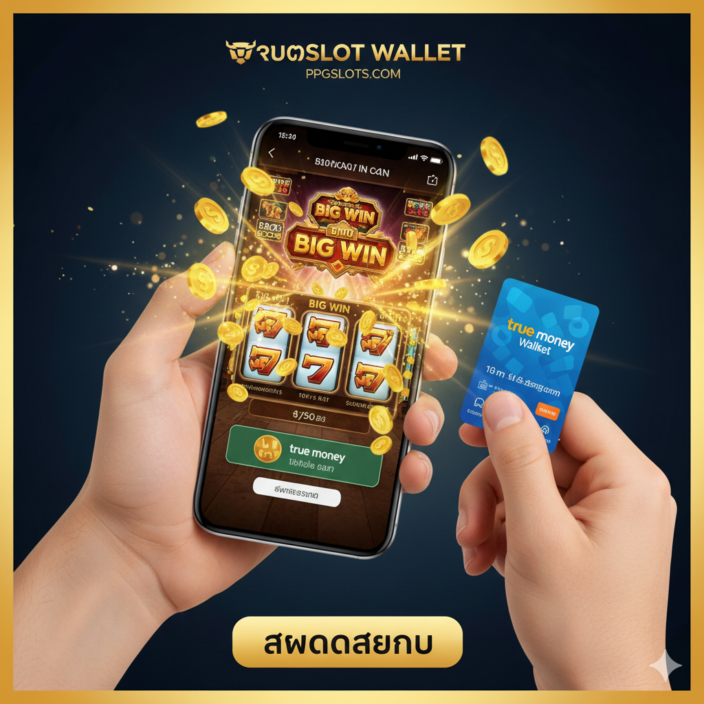 ภาพสรุปและปิดท้ายบทความ สร้างความรู้สึกที่น่าตื่นเต้นและเชื้อเชิญให้สมัคร ใช้ภาพมือถือที่กำลังแสดงหน้าจอเกมสล็อตที่ 'แตก' หรือมี Big Win พร้อมกับมืออีกข้างที่กำลังถือบัตร True Money Card หรือแสดงหน้าจอมือถือที่มีการแจ้งเตือนเงินเข้า (Notification) การจัดวางเน้นที่การมองไปข้างหน้าหรือการประสบความสำเร็จ มีแสงสว่างจ้า (Light Flare) พุ่งออกมาจากหน้าจอโทรศัพท์เพื่อสื่อถึงโอกาสทำกำไรที่สดใส และมีปุ่ม 'สมัครสมาชิก' ขนาดใหญ่ที่เห็นได้ชัดเจนอยู่ด้านล่างของภาพ