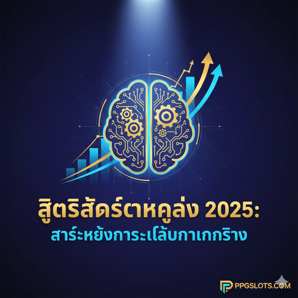 ภาพหน้าปกสไตล์โมเดิร์นและทรงพลัง (Modern, Dynamic Style) เพื่อดึงดูดความสนใจจากคำว่า 'trick for slot machines' แต่สื่อถึงกลยุทธ์ที่ชาญฉลาด ไม่ใช่การโกง ภาพควรมีพื้นหลังสีเข้ม (Dark Blue/Purple) และมีองค์ประกอบหลักคือไอคอนรูปสมองที่มีฟันเฟือง (Gear) หรือวงจรไฟฟ้า (Circuitry) อยู่ภายใน แทนที่จะเป็นเหรียญทองคำ เพื่อสื่อถึง 'ความรู้และกลยุทธ์' พร้อมมีแสงสปอตไลท์ส่องลงมาที่สมอง และมีกราฟแท่งหรือเส้นกราฟที่สื่อถึงการเติบโตของผลกำไร (Rising Profit Graph) ลอยอยู่รอบๆ ใช้ตัวอักษรภาษาไทยที่ดูหนาและเด่นชัด 'สูตรสล็อตแตกง่าย 2025: ศาสตร์แห่งการเล่นทำเงินจริง' ในโทนสีทองหรือนีออน