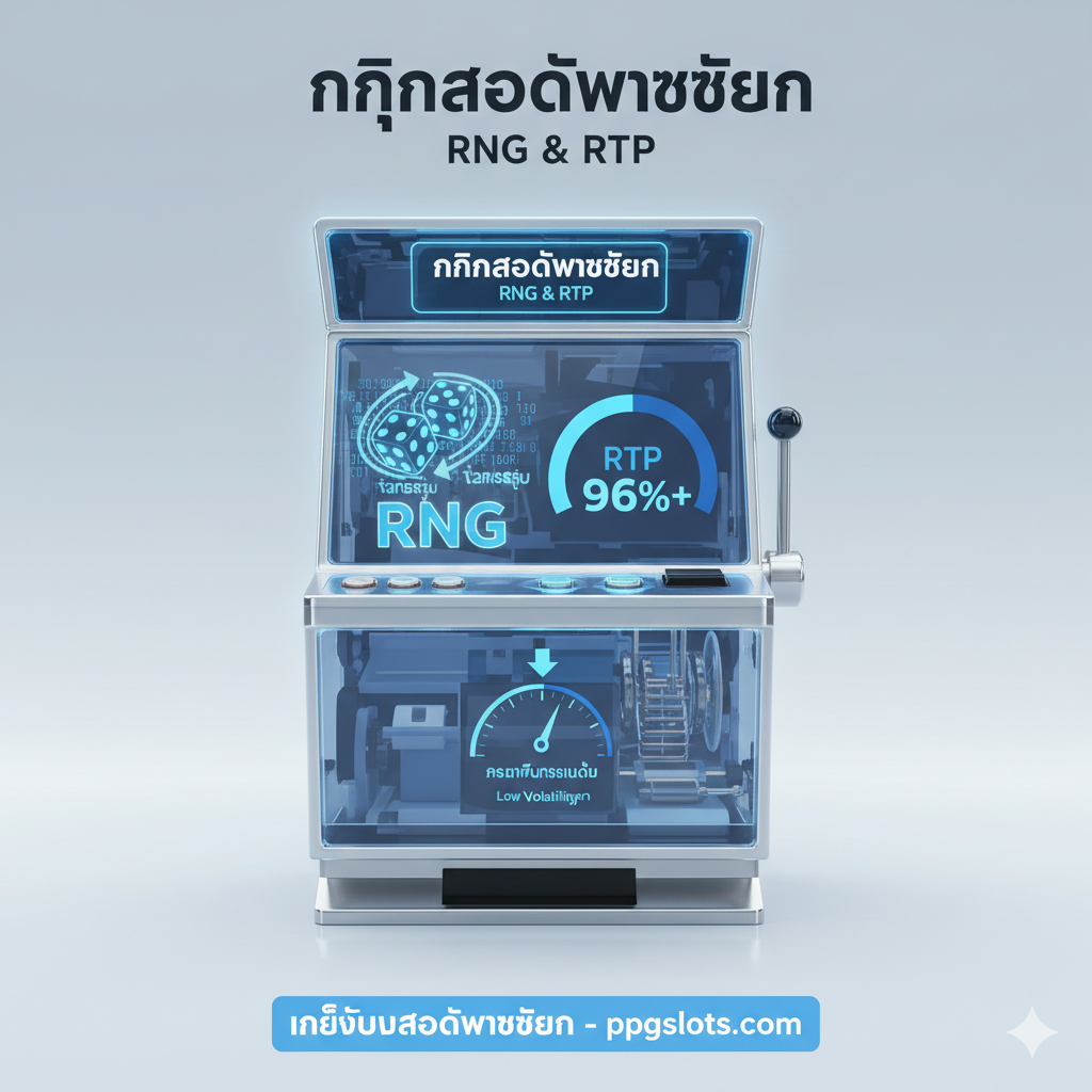 ภาพเน้นองค์ประกอบ 'ฟังก์ชันและกลไก' โดยเฉพาะ RNG และ RTP สไตล์ภาพควรเป็น Infographic/Diagrammatic ที่ชัดเจน ภาพควรแสดงเครื่องสล็อตแมชชีนแบบโปร่งใส (Transparent Slot Machine) และภายในเครื่องให้เห็นไอคอนของ 'RNG' เป็นลูกเต๋าที่กำลังหมุน หรือชุดตัวเลขดิจิทัลสุ่ม ด้านข้างมีกราฟวงกลมหรือมาตรวัด (Gauge) ที่มีตัวเลข 'RTP 96%+' โดดเด่นอยู่ พร้อมลูกศรชี้ไปที่มาตรวัดความผันผวน (Volatility) ที่แบ่งเป็น 'Low' และ 'High' ใช้โทนสีฟ้าและสีขาวเป็นหลักเพื่อสื่อถึงความน่าเชื่อถือและความโปร่งใสในข้อมูล