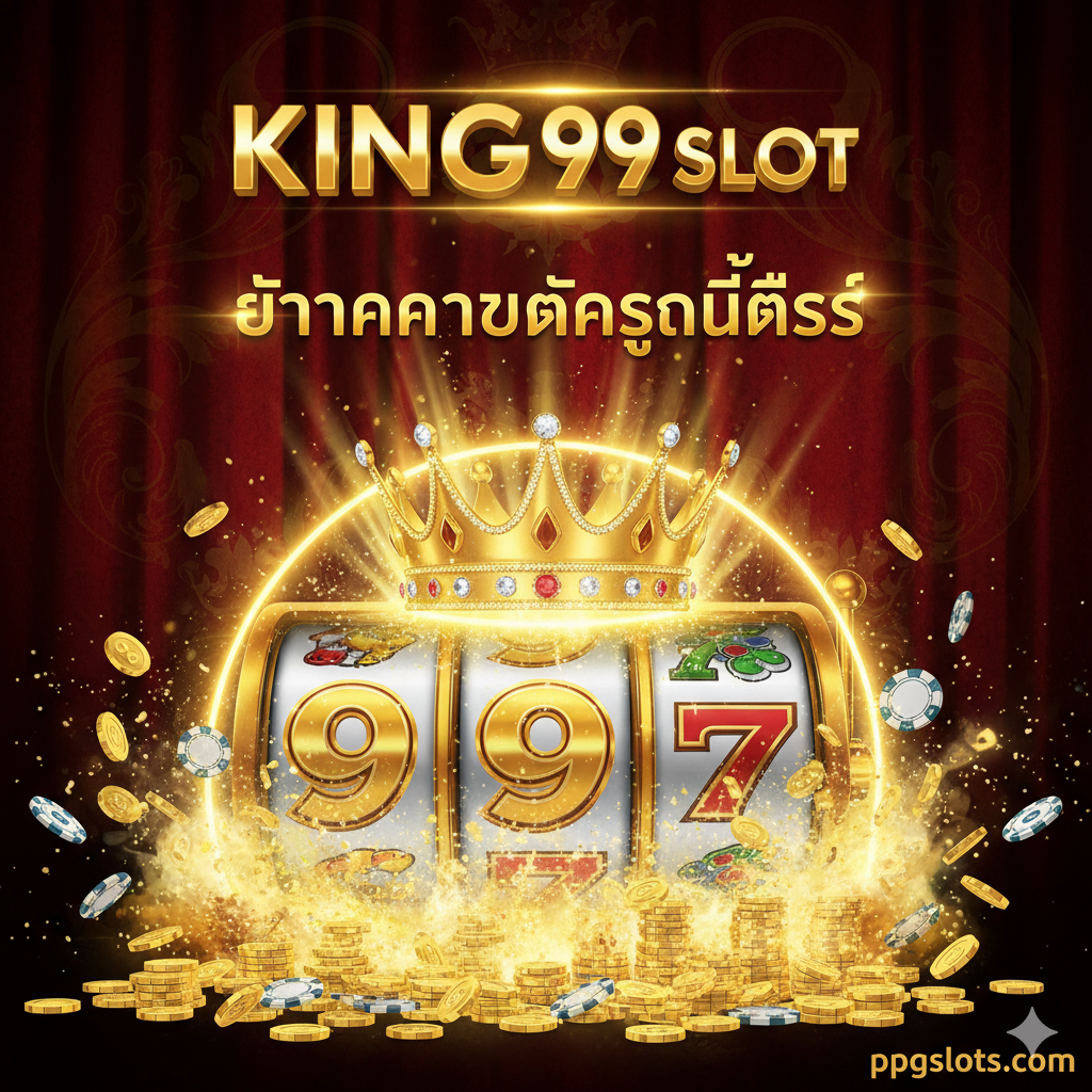 一张引人注目の封面图,主题为'King 99 Slot'和'อัตราการแตกสูงที่สุด' (最高爆奖率)。风格应为奢华、皇家金色调,高清晰度。主要元素包括一个闪耀的金色皇冠(象征King),一枚หรือหลาย枚爆炸的金币/筹码,以及一个带有'99'字样的老虎机卷轴特写。背景应是深色หรือ丝绒红,突出皇冠และ金币的光芒。构图应将'King 99 Slot'的Logo放在醒目位置,下方有光晕效果,营造出中大奖的激动人心การบรรยากาศ。