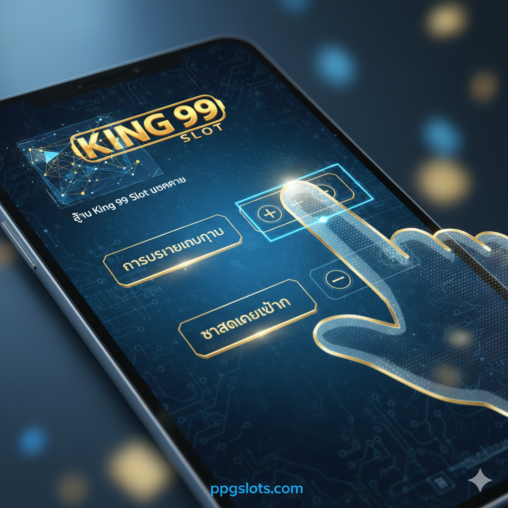 用于展示游戏攻略或'สูตร King 99 Slot แตกง่าย'。图片应以一个人的手（可以是虚拟的手）ใน智能手机或平板电脑上操作老虎机界面的视角呈现。强调'Money Management'（การบริหารเงินทุน）และ'Bet Size'的按钮。可以有一个箭头หรือ高亮框指出投注额调整区，以及一个小的、半透明的图表（象征策略/สูตร）叠加在角落。整体色调偏向冷静的科技蓝与金，象征智慧和策略，与文章中的'สูตร'部分相呼应。