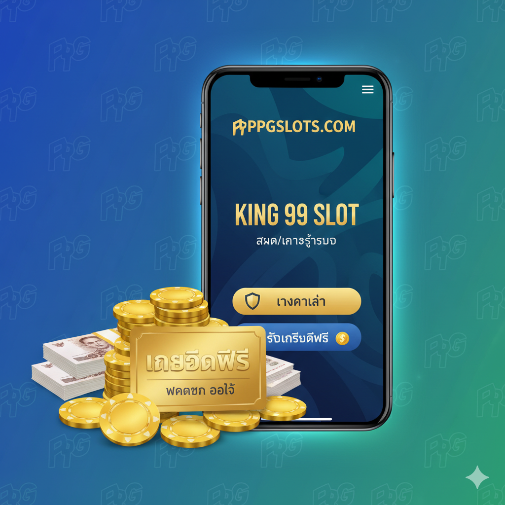 展示平台优势，特别是'ทางเข้า'และ'เครดิตฟรี'。图片中心应是一个醒目的虚拟手机屏幕，屏幕上是ppgslots.com的'King 99 Slot สมัคร/เข้าสู่ระบบ'（注册/登录）界面。旁边可以放置一个堆叠的金色筹码或现金，上面放着一张印有'เครดิตฟรี'（Free Credit）หรือ'ฝากถอน ออโต้'（Auto Deposit/Withdrawal）字样的卡片。背景应有ppgslots.com的品牌色彩或标志（ถ้าเป็นไปได้）。构图清晰，将'ทางเข้า'的安全性和'เครดิตฟรี'的吸引力结合起来。