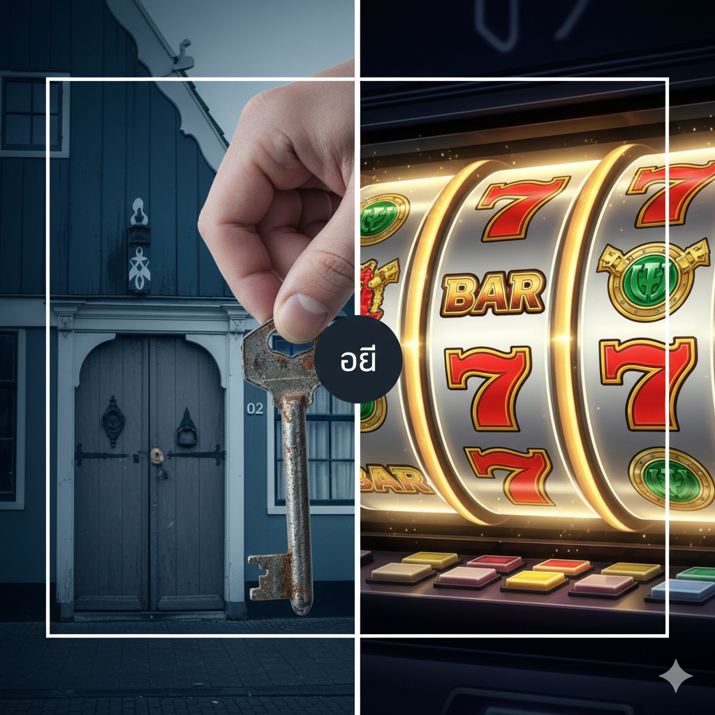 ภาพแนวคิดที่แสดงการเปลี่ยนเจตนา (Intent Switch) โดยมีองค์ประกอบของกุญแจและสล็อตแมชชีนอยู่ในเฟรมเดียวกัน ครึ่งซ้ายเป็นภาพมือกำลังถือลูกกุญแจเก่าที่ดูทรุดโทรมและมีฉากหลังเป็นประตูไม้หรืออาคารสไตล์ดัตช์ (Rockanje) ในโทนสีน้ำเงิน/เทาที่ดูจริงจัง ครึ่งขวาเป็นภาพสัญลักษณ์ของเกมสล็อตออนไลน์ เช่น วงล้อหมุน สัญลักษณ์ BAR หรือ 777 ที่มีแสงสว่างจ้าและสีทอง/แดง/เขียวสดใส มีเส้นแบ่งที่ชัดเจนระหว่างสองส่วน พร้อมข้อความภาษาดัตช์ขนาดเล็กกำกับว่า 'OF' (หรือ) เพื่อสื่อถึงการตัดสินใจเลือก เน้นความแตกต่างของโทนสีอย่างชัดเจน