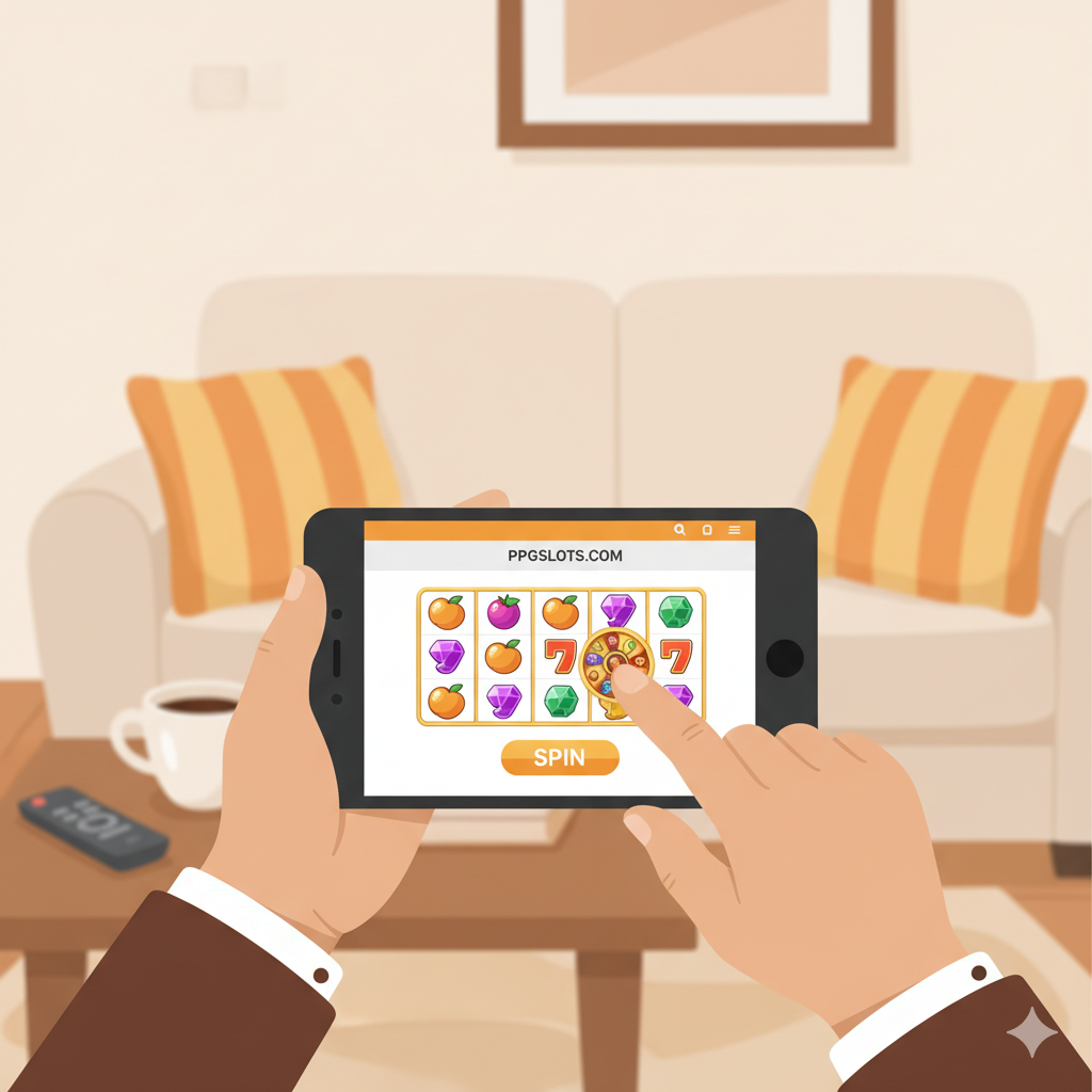 ภาพประกอบส่วนการแนะนำการใช้งาน แสดงให้เห็นถึงความสะดวกในการเข้าถึงเกมสล็อตออนไลน์เมื่อเทียบกับการเรียกใช้บริการช่างทำกุญแจ แสดงมือที่กำลังถือสมาร์ทโฟนแนวนอน (Landscape Mode) ที่กำลังเปิดหน้าเว็บไซต์ PPGSLOTS.COM และกำลังหมุนวงล้อสล็อตอย่างง่ายดาย ฉากหลังเบลอๆ อาจเป็นโซฟาที่บ้านที่แสนสบาย เน้นความง่ายดายในการเล่นทุกที่ทุกเวลา (เล่นได้ขณะอยู่บนโซฟา ไม่ต้องออกไปข้างนอก) ในโทนสีอบอุ่นและเป็นมิตร เพื่อสร้างความรู้สึกว่าการเล่นสล็อตออนไลน์นั้นสะดวกกว่าการจัดการปัญหาล็อคจริง