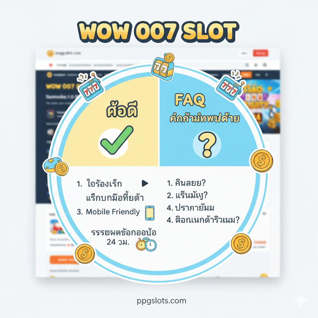 ภาพสรุปที่รวมข้อดีและคำถามที่พบบ่อย (FAQ) ไว้ในภาพเดียว ภาพควรมีรูปแบบเป็นกราฟิกวงกลมหรือตารางสรุป มีข้อความเน้นย้ำถึงบริการหลัก เช่น 'ทดลองเล่น (Demo Mode)', 'เล่นบนมือถือได้ (Mobile Friendly)' และ 'ระบบฝากถอนออโต้ 24 ชม.' ใช้โทนสีสว่างที่ให้ความรู้สึกเชื่อมั่นและเป็นมิตร มีพื้นหลังเป็นเว็บไซต์ ppgslots.com เลือนลาง และใส่ไอคอน 'เครื่องหมายคำถาม (?)' กับ 'เครื่องหมายถูก (✓)' เพื่อสื่อถึงการตอบคำถามและการรับประกันความมั่นใจ.