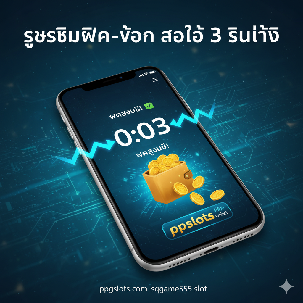 ภาพแสดงจุดเด่นด้าน 'ความเร็วระบบฝาก-ถอน ออโต้ 3 วินาที' ของ ppgslots.com โดยเน้นที่ 'ppgslots wallet' องค์ประกอบคือภาพมือถือที่กำลังแสดงหน้าจอการทำรายการฝากเงินที่เสร็จสมบูรณ์ในเวลาอันรวดเร็ว (0:03 วินาที) มีลูกศรหรือสายฟ้าแสดงถึงความเร็ว และมีสัญลักษณ์กระเป๋าสตางค์ดิจิทัล (Wallet) ที่มีเหรียญทองพุ่งออกมา พื้นหลังเป็นธีมเทคโนโลยีสีน้ำเงิน-เขียว แสดงถึงความทันสมัยและความน่าเชื่อถือของระบบ