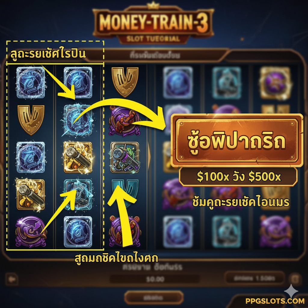 教程图,用于解释Respin Feature和Buy Feature(购买免费旋转)。画面一分为สอง,左侧展示Respin触发时的锁定符号动画(符号被冰冻或锁定),右侧则是一个醒목的“Buy Feature”按钮截图或图标,配上泰语“ซื้อฟรีสปิน”及$100x到$500x的数字提示。背景可以略微虚化为游戏界面,重点突出操作流程。整体色调明快,箭头和高亮框用于指导用户的注意力,让玩家了解如何快速进入Money Cart Bonus。