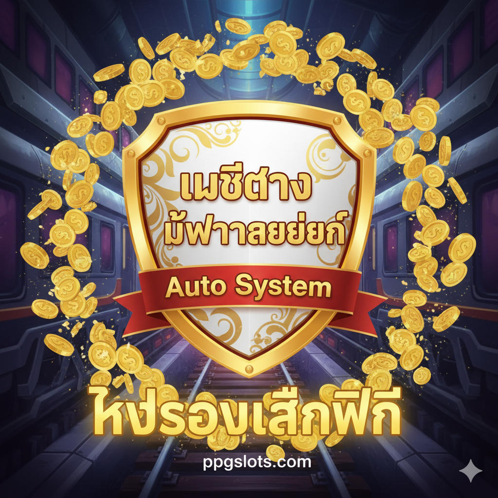 展示在ppgslots.com玩游戏的优势。图片背景为Money Train 3的列车轨道，但主体是一个安全可靠、充满信任感的盾牌图标或认证标志。图标上印有“เว็บตรง ไม่ผ่านเอเย่นต์”และ“Auto System”的泰语文字。色彩使用金、白、红，象征信誉和财富。盾牌下方可以มี'ppgslots.com'的网址，周围环绕ด้วย流动着的金币และ“ทดลองเล่นฟรี”字样，强调平台安全、便捷、且提供免费试玩的机会，吸引玩家注册。