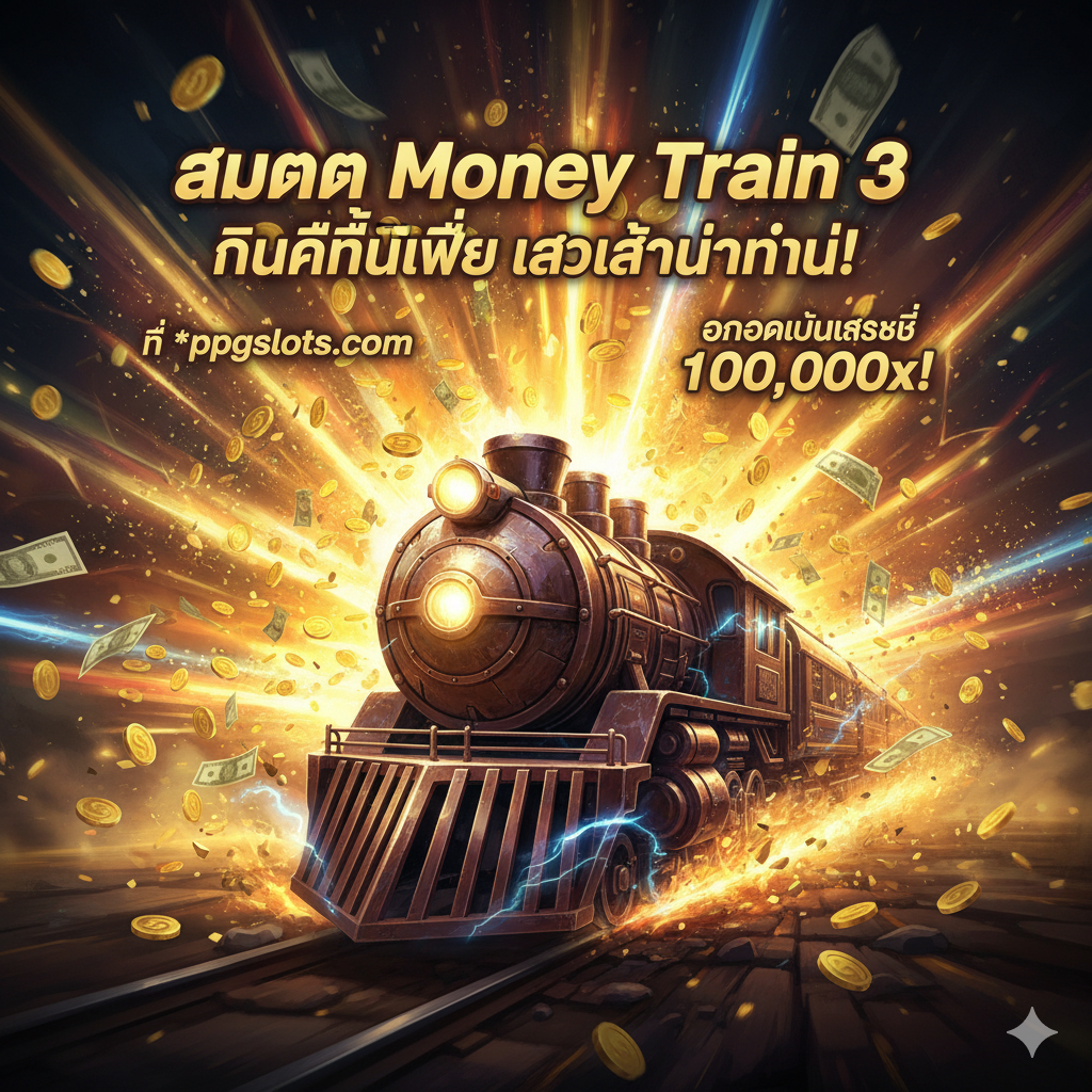 总结和行动呼吁（CTA）图片。一个强大的视觉冲击，主体是Money Train 3的列车高速冲出屏幕，背景是爆炸性的金光和金币雨，象征着大奖爆发。中央用醒目的泰语大字写着：“สมัคร Money Train 3”หรือ“คลิกที่นี่เพื่อเข้าเล่นทันที!”。下方小字标注“ที่ ppgslots.com”และ“โอกาสเป็นเศรษฐี 100,000x!”，营造紧迫感和巨大的诱惑力。整体色彩饱和度高，充满力量和速度感，促使用户立即行动。
