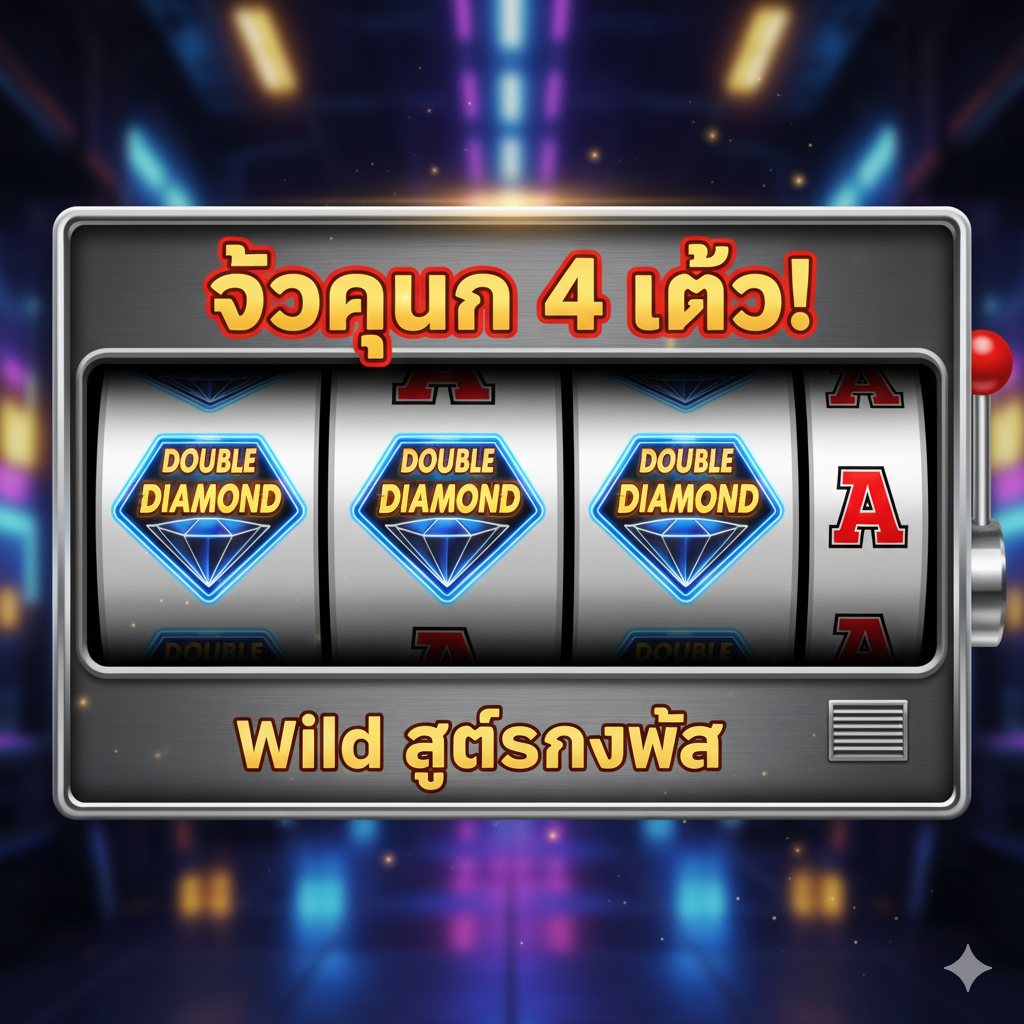ภาพหน้าจอหรือการเรนเดอร์สล็อต 3x1 ที่เน้นโลโก้ Double Diamond บนเพย์ไลน์โดยเฉพาะการรวมกันของสอง Wilds ที่มีข้อความกำกับเป็นภาษาไทยว่า“ตัวคูณ 4 เท่า!”หรือ“Wild สุดทรงพลัง”เพื่อแสดงให้เห็นถึงศักยภาพการจ่ายเงินของสล็อต Double Diamond