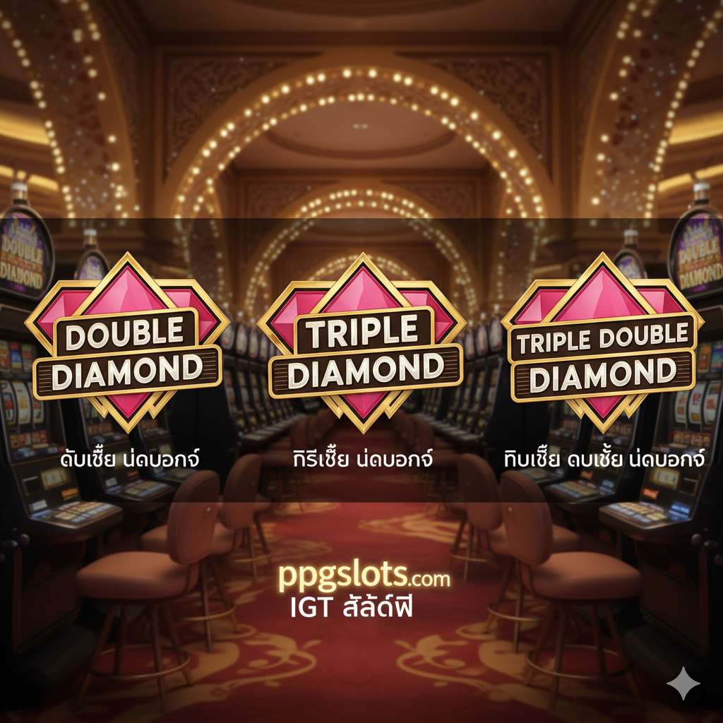 ภาพรวมที่แสดงโลโก้ของสล็อต Double Diamond, Triple Diamond และ Triple Double Diamond ในลักษณะเคียงข้างกันโดยมีชื่อภาษาไทยสั้นๆกำกับเพื่อแนะนำเกมในตระกูล Diamond อื่นๆ ของ IGT ที่พร้อมให้ทดลองเล่นฟรี