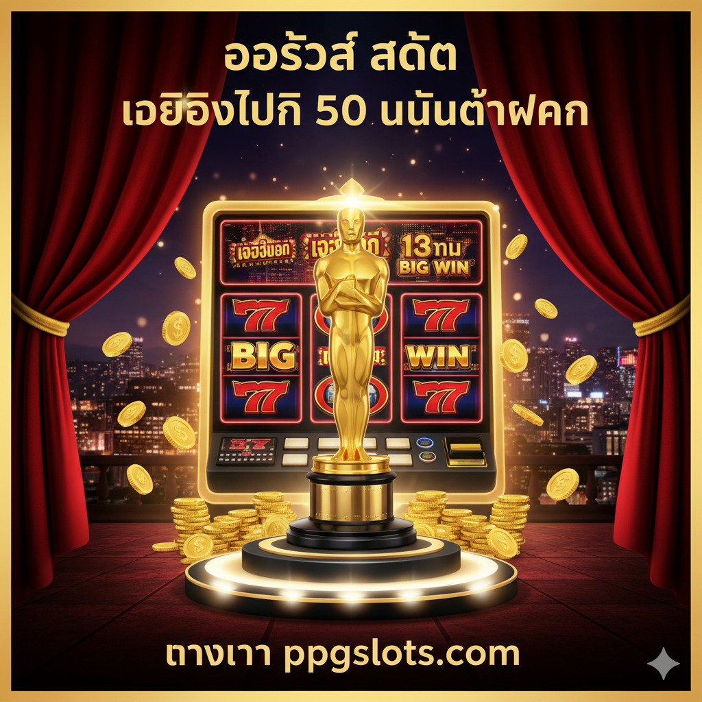 ภาพหน้าปกสล็อตแนวหรูหราอลังการ (Hollywood/Oscar Theme) โทนสีหลักคือทอง ดำ และแดง มีสัญลักษณ์ของรางวัลใหญ่ เช่น ถ้วยรางวัลสีทองส่องประกาย (คล้ายรางวัลออสการ์) เหรียญทองคำที่โปรยปราย และตู้สล็อตแมชชีนสว่างไสวที่แสดงผล 'JACKPOT' หรือ 'Big Win' อย่างชัดเจน เน้นข้อความภาษาไทย 'Oscar Slot เครดิตฟรี 50 ไม่ต้องฝาก' และ 'ทางเข้า ppgslots.com' ด้วยฟอนต์ที่ดูพรีเมียมและโดดเด่น จัดวางองค์ประกอบให้ดูดึงดูดและเชื้อเชิญให้คลิกเข้าสู่การเล่น