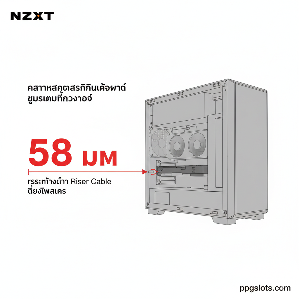 ภาพกราฟิกแบบตัดขวาง (Cross-section) 3 มิติของช่องติดตั้ง GPU ภายในเคส NZXT H1 V2 เพื่อเน้นย้ำถึงขีดจำกัดความหนาอย่างเป็นทางการ เน้นตัวเลข 58 มม. อย่างชัดเจนด้วยกราฟิกสีแดงหรือเหลือง มีลูกศรชี้วัดระยะห่างระหว่างช่องเสียบ Riser Cable ไปจนถึงฝาเคส แสดงให้เห็นว่าการ์ดจอที่หนา 58 มม. จะพอดีเป๊ะ สื่อถึงข้อมูลจำเพาะที่สำคัญที่สุดในบทความ ใช้สไตล์ infographic ที่สะอาดตาและเน้นข้อมูลตัวเลข