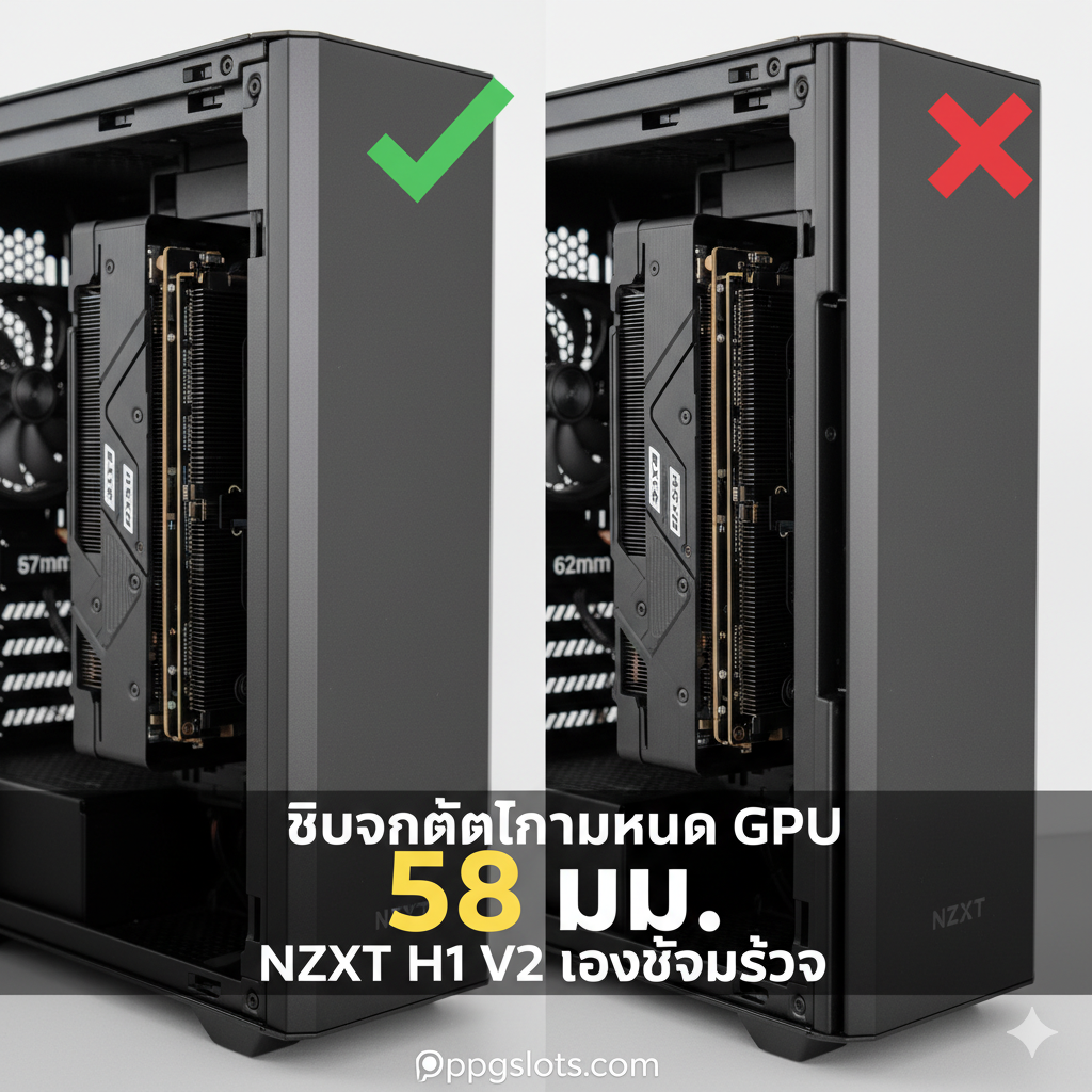 ภาพเปรียบเทียบ (Split screen) 2 ส่วนในเฟรมเดียว: ซ้าย แสดงภาพ close-up ของการ์ดจอที่หนา 57 มม. ซึ่งติดตั้งสำเร็จและปิดฝาข้างได้อย่างสนิท (พร้อมเครื่องหมายถูกสีเขียว) ขวา แสดงการ์ดจอที่หนา 62 มม. ซึ่งทำให้ฝาข้างปิดไม่ลงและมีช่องว่างเหลืออยู่ชัดเจน (พร้อมเครื่องหมายกากบาทสีแดง) เน้นย้ำตัวเลขขีดจำกัด 58 มม. ตรงกลางด้วยกราฟิกขนาดใหญ่เพื่อสรุปประเด็นความเข้ากันได้อย่างชัดเจนและเป็นภาพเตือนใจแก่ผู้อ่าน