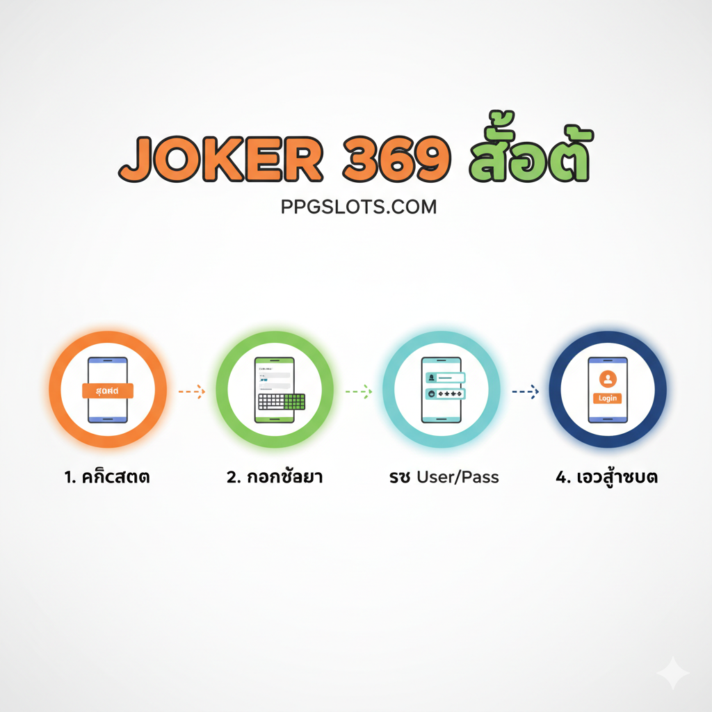 ภาพแสดงขั้นตอนการสมัครและเข้าสู่ระบบที่ชัดเจนและเข้าใจง่าย มีขั้นตอนการลงทะเบียน 4 ขั้นตอนพร้อมไอคอนประกอบ เน้นความง่ายในการใช้งานและรองรับการเข้าสู่ระบบผ่านมือถือ