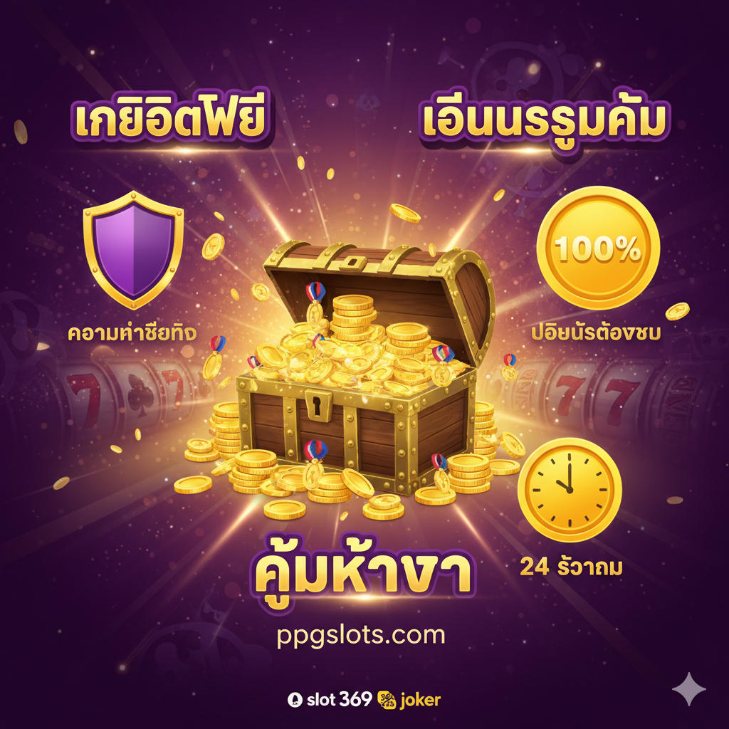 ภาพแสดงจุดเด่นและโปรโมชั่นของ ppgslots.com มีกล่องของขวัญขนาดใหญ่และเหรียญทองล้นออกมา รายล้อมด้วยไอคอนสำคัญ: โล่ (ความน่าเชื่อถือ), สัญลักษณ์ 100% (โบนัส), และนาฬิกา (บริการ 24 ชั่วโมง) เน้นสีม่วง เหลือง และทอง พร้อมสโลแกน 'เครดิตฟรี' และ 'โบนัสสูงสุด'