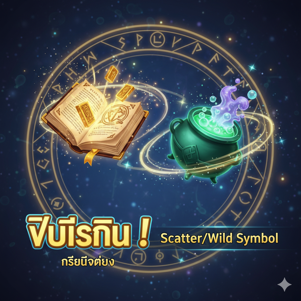 ภาพประกอบส่วน 'คุณสมบัติเด่น' ที่เน้น Free Spins และ Scatter/Wild Symbol ในธีมเวทมนตร์ โฟกัสไปที่สัญลักษณ์ Scatter (เช่น หนังสือคาถาที่เปิดอยู่) และสัญลักษณ์ Wild (เช่น หม้อปรุงยาเดือดปุดๆ) ที่ลอยอยู่กลางอากาศ โดยมีข้อความภาษาไทยสั้นๆ ที่สื่อถึง 'Free Spins' หรือ 'เครดิตจำลอง' อยู่ด้านข้าง ภาพควรมีเอฟเฟกต์แวววาวและประกายไฟเวทมนตร์ (Sparkle) สีทองและสีฟ้าโดยรอบ ให้อารมณ์ของความโชคดีและโบนัสที่กำลังจะมาถึง จัดวางสัญลักษณ์ในมุมมองที่ชัดเจนและน่าสนใจเพื่อแสดงถึงกลไกสำคัญของเกมสล็อต