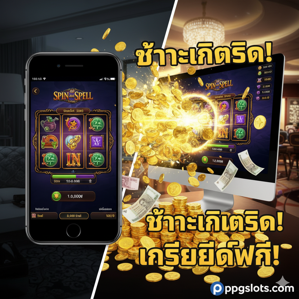 ภาพเปรียบเทียบที่เน้น ความตื่นเต้นจากการชนะเงินจริง (ข้อได้เปรียบ) เมื่อเทียบกับเกมมือถือ โครงสร้างภาพแบ่งเป็นสองส่วนที่แตกต่างกัน: ด้านซ้าย เป็นภาพที่ดูเป็นเกมมือถือ/Social Casino (โทนสีทึบ) ส่วนด้านขวาเป็นภาพที่ดูมีชีวิตชีวาและตื่นเต้นกว่ามาก (โทนสีสว่างและสดใส) แสดงถึงการชนะรางวัลใหญ่ด้วยเหรียญทองจำนวนมากและธนบัตรที่พุ่งออกมาจากหน้าจอ พร้อมข้อความเน้นย้ำถึง 'โอกาสชนะเงินจริง' หรือ 'เครดิตฟรี' บน ppgslots.com ที่มุมขวาเพื่อเน้นความแตกต่างที่สำคัญของแพลตฟอร์ม