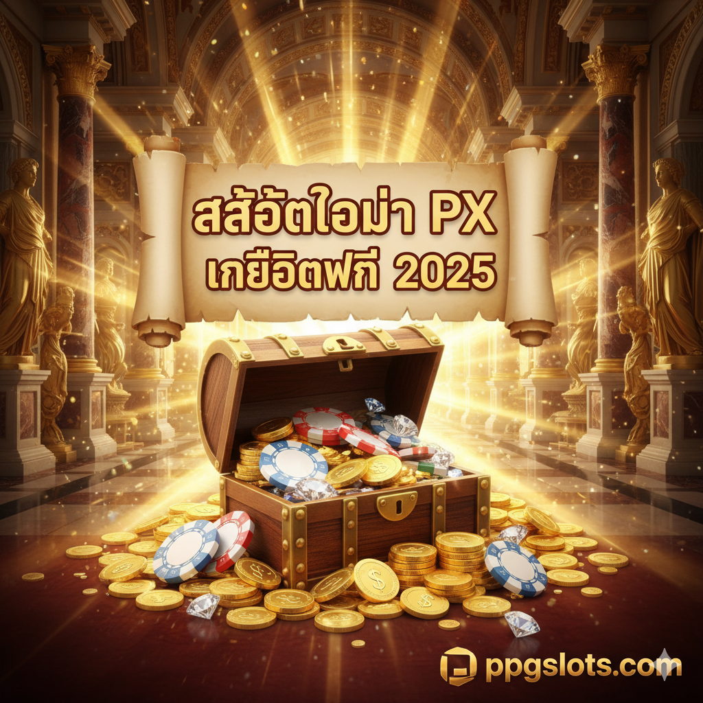 总结图片,旨在吸引用户注册并领取'เครดิตฟรี (เครดิตฟรี)'。核心元素是一堆金币、筹码或闪烁的钻石,上面放置着一个卷轴或横幅,用泰文写着 'Slot Roma PX เครดิตฟรี 2025'。背景应是豪华的赌场或光芒四射的抽象光线,烘托出财富和奖励感。图片左下角或右下角应有明显的 'ppgslots.com' 品牌标识。整体色彩饱和度高,使用鲜艳的金色和红色,营造出节日或大奖来临的兴奋感,促使用户点击注册。