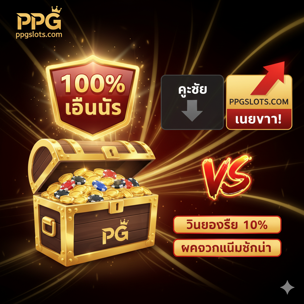 优势图片, เน้นย้ำโปรโมชั่น Judi Slot SBOBET ของ ppgslots.com ด้วยสัญลักษณ์ '100% Bonus' และกองทองที่ล้นหลาม รวมถึงการเปรียบเทียบที่เหนือกว่าในเรื่อง 'คืนยอดเสีย 10%' และ 'ฝากถอนไม่มีขั้นต่ำ'