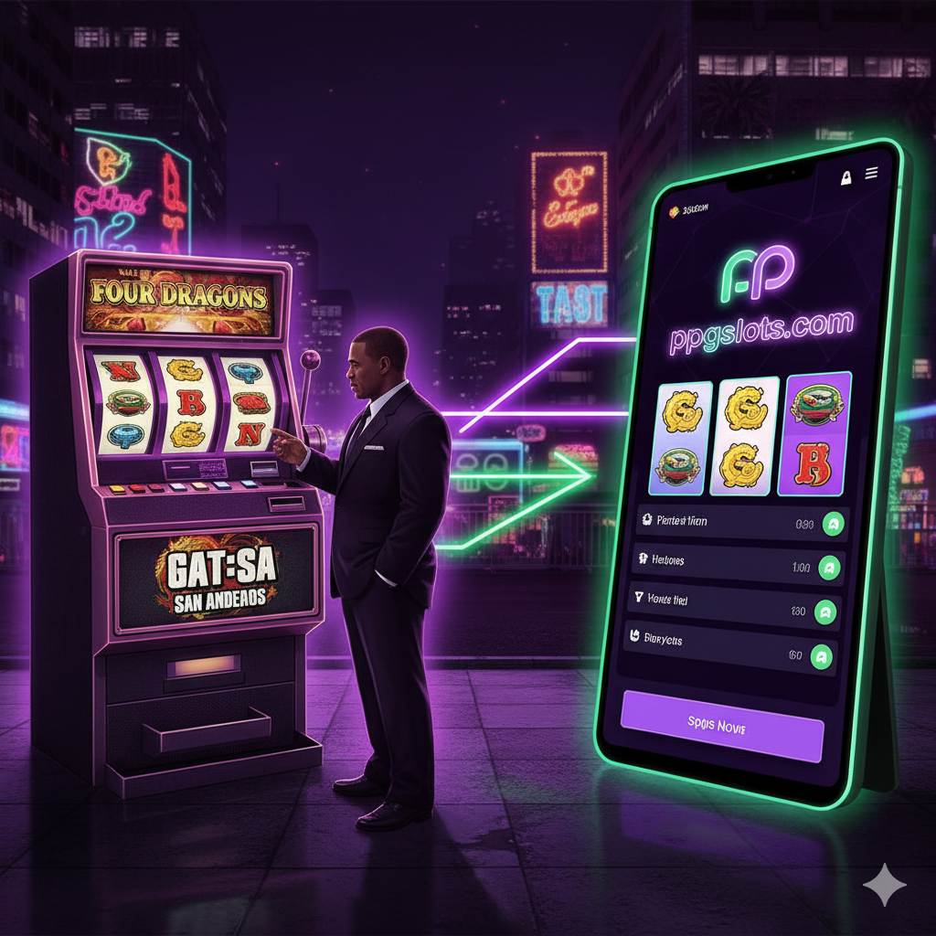 ภาพปกแนวครอสโอเวอร์ (Crossover) ที่ผสานโลกของ GTA San Andreas กับสล็อตทำเงินจริง สไตล์ภาพกึ่ง 3D เรโทร-นีออน โทนสีม่วง, เขียว, และทองคำ. แสดงภาพด้านซ้ายเป็นตู้สล็อตแมชชีน 3 วงล้อแบบคลาสสิกจาก Four Dragons Casino ใน GTA: SA พร้อมตัวละคร CJ (Carl Johnson) ในชุดสูทกำลังมองไปที่ตู้ ส่วนด้านขวาแสดงหน้าจอ UI สล็อตออนไลน์ที่ทันสมัยของ ppgslots.com พร้อมโลโก้แบรนด์อย่างชัดเจน มีแสงนีออนสว่างไสวเป็นเส้นทางเชื่อมจากตู้สล็อต GTA มายังสล็อตออนไลน์ สื่อถึง 'การเปลี่ยนผ่านสู่การทำเงินจริง'