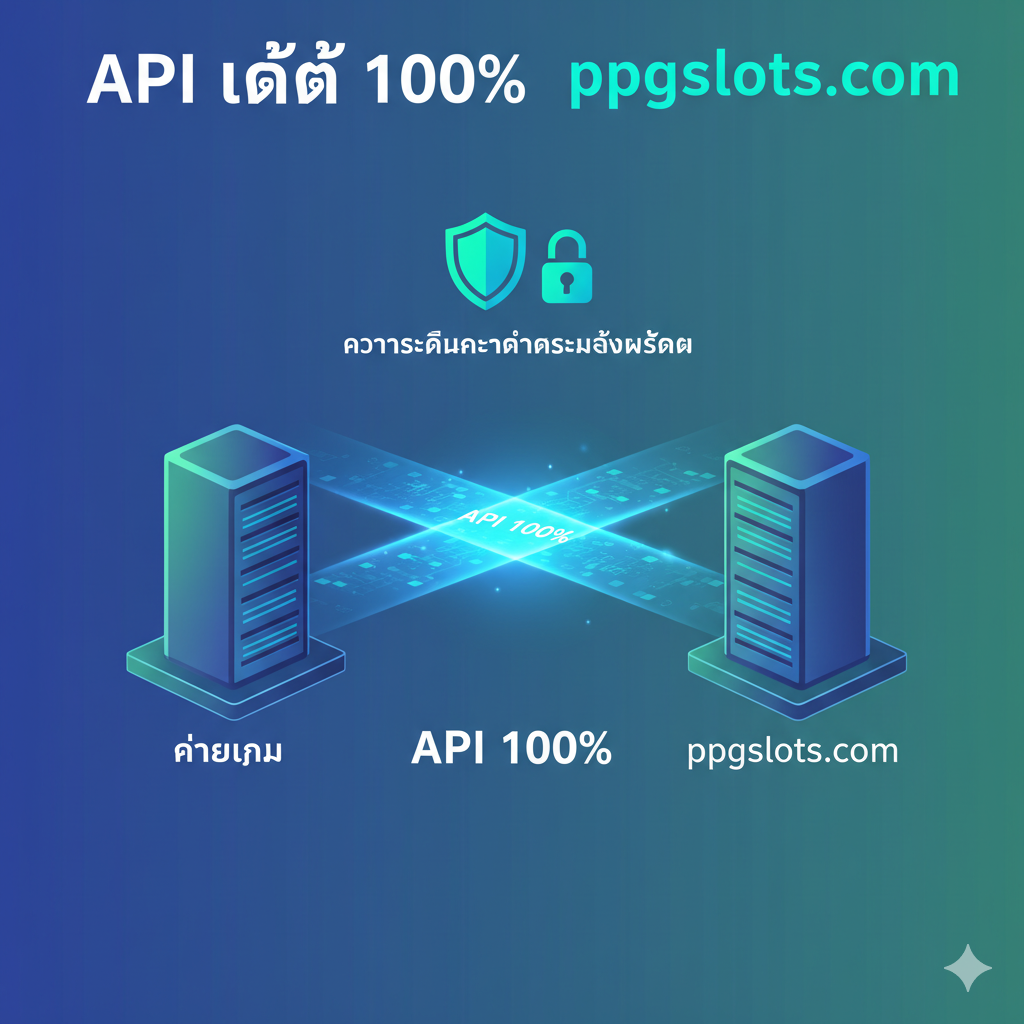 此图用于展示「API แท้ 100%」的核心功能——直接连接和高安全性。图片应采用蓝色和绿色为主的科技色彩，描绘两台服务器（一台贴有 'ค่ายเกม' 标签，另一台贴有 'ppgslots.com' 标签）通过一束粗壮、闪亮的数字数据流直接相连。