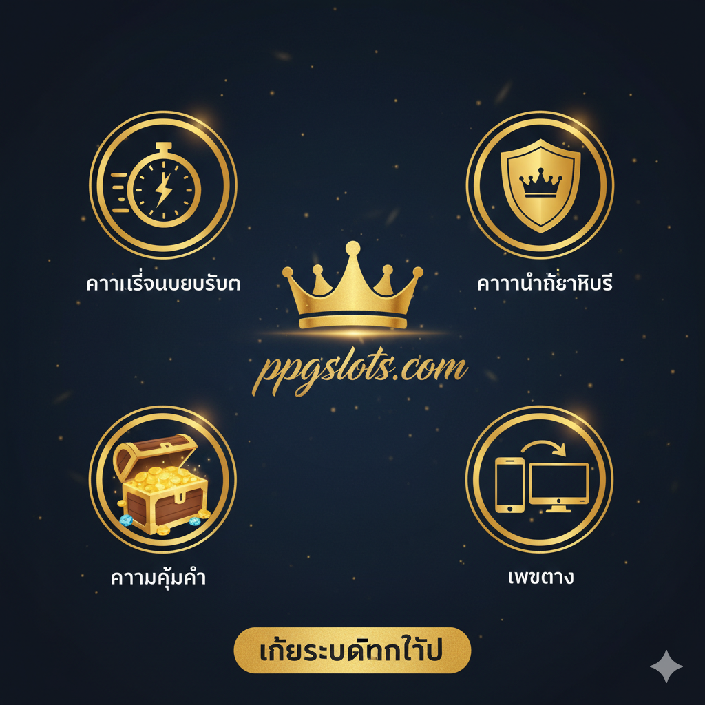 总结图强调信赖和专业性。图片应为深色背景，中心是ppgslots的标志或金色皇冠。周围放置四个简洁的图标มา概括文章的四大卖点：1. 时钟/闪电 (ความเร็วเหนือระดับ - Speed), 2. 皇冠/盾牌 (ความน่าเชื่อถือ - Trust), 3. 宝箱 (ความคุ้มค่า - Value/Bonus), 4. 手机/电脑 (เว็บตรง - Web Direct)。整体构图应稳重而权威，鼓励用户“เข้าร่วมทันที” (Join Now)。