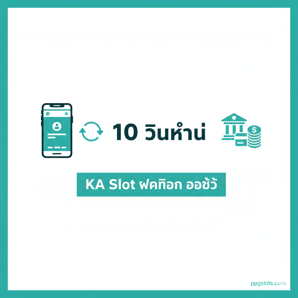 ภาพเน้นคุณสมบัติ 'ระบบออโต้' ที่รวดเร็ว ใช้โทนสีฟ้าครามและขาวที่สื่อถึงเทคโนโลยีและความเร็วสูง การออกแบบเป็นสไตล์แฟลตดีไซน์หรืออินโฟกราฟิกที่สะอาดตา แสดงขั้นตอนการทำธุรกรรม 3 ขั้นตอน: หน้าจอสมาร์ทโฟน $rightarrow$ สัญลักษณ์ลูกศรวน $rightarrow$ สัญลักษณ์ธนาคาร/เงินสด พร้อมตัวเลขขนาดใหญ่ '10 วินาที' และข้อความภาษาไทยที่เน้นคำว่า 'KA Slot ฝากถอน ออโต้' เพื่อเน้นย้ำความเร็วและความสะดวกสบายสูงสุดในการเล่นเกม