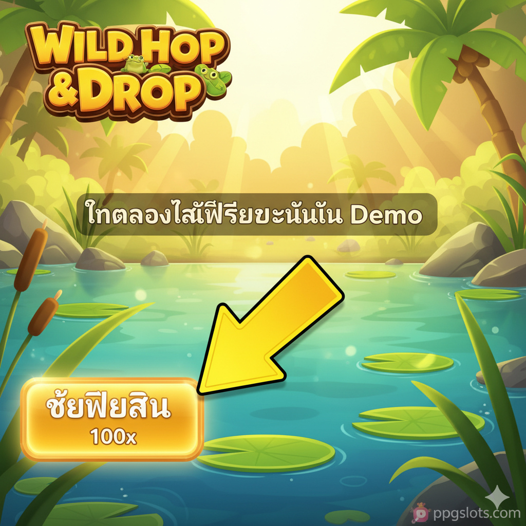 ภาพหน้าจอเกมที่ไฮไลท์ปุ่ม 'Buy Free Spins' พร้อมลูกศรชี้และคำแนะนำภาษาไทยสำหรับการทดลองใช้ฟีเจอร์นี้ในโหมด Demo