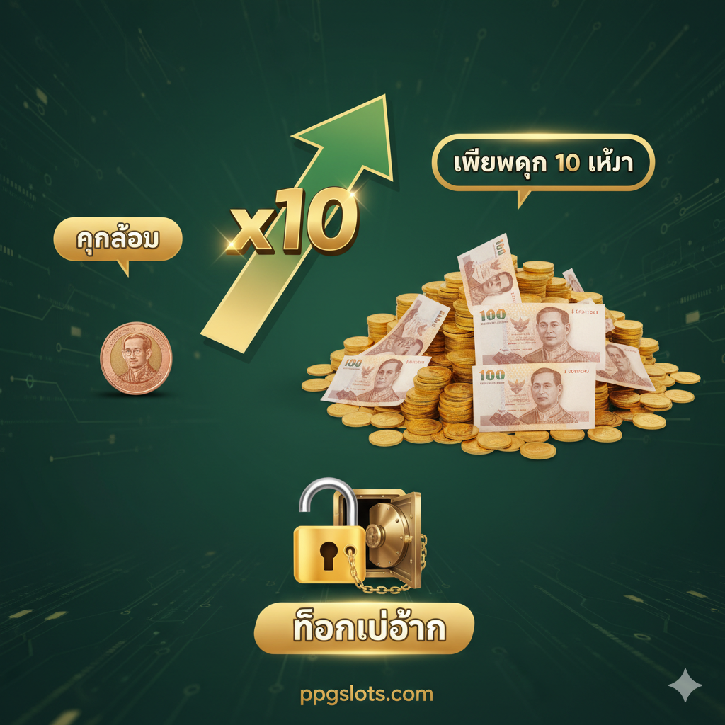 ภาพเน้นจุดเด่น 'ทุนน้อย', 'เพิ่มทุน 10 เท่า' และ 'ถอนไม่อั้น' ด้านซ้ายเป็นเหรียญขนาดเล็ก (10 บาท) ด้านขวาเป็นกองเหรียญทองขนาดใหญ่หรือธนบัตร 100 บาท ซึ่งสร้างความแตกต่างอย่างชัดเจน ตรงกลางมีลูกศรชี้ขึ้นและข้อความ 'x10' เชื่อมต่อทั้งสองด้าน ด้านล่างเป็นไอคอนแม่กุญแจที่ปลดล็อคหรือตู้เซฟธนาคารที่เปิดอยู่ ซึ่งเป็นสัญลักษณ์ของ 'ถอนไม่อั้น/ความโปร่งใส' (Unlimited Withdrawal/Transparency) โทนสีเป็นสีเขียวและสีทอง เน้นผลตอบแทนจากการลงทุนและความไว้วางใจ