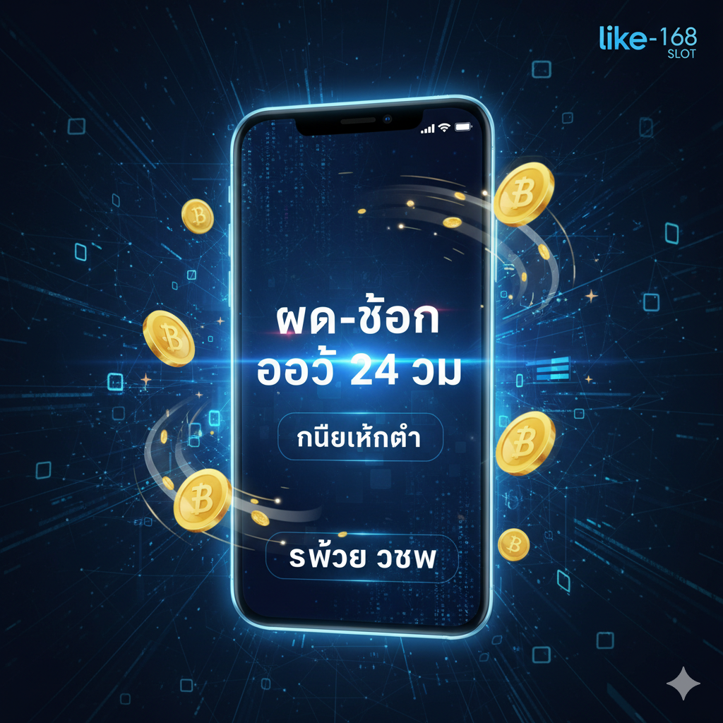 一个展示自动存取款系统功能的图片,风格现代化且科技感十足。画面以一个发光的手机屏幕为中心,屏幕上展示着**“ฝาก-ถอน ออโต้ 24 ชม.”(自动存取 24 ชั่วโมง)และ“ไม่มีขั้นต่ำ”(无最低限制)的字样。周围环绕着流动的金币และ泰铢符号**(฿),寓意快速和便捷。背景是抽象的数字网络或代码流,强调系统的**“รวดเร็ว ฉับไว”**(快速敏捷)และความปลอดภัย، 颜色采用蓝、金และขาว، 突出专业可靠。